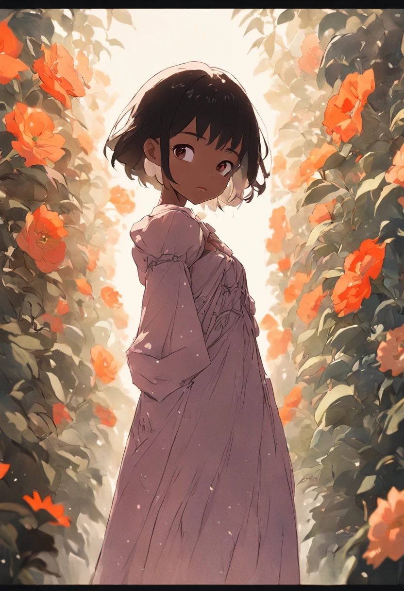 (Beauty shot:1.3) photo of a beautiful black young girl, wearing dress, standing, upper body framing, in a flower garden, with diffused lighting, from a eye level, shot on a Hasselblad 500CM with a Voigtlander Nokton 50mm f1.1 lens, in the style of (Richard Avedon:1.4)