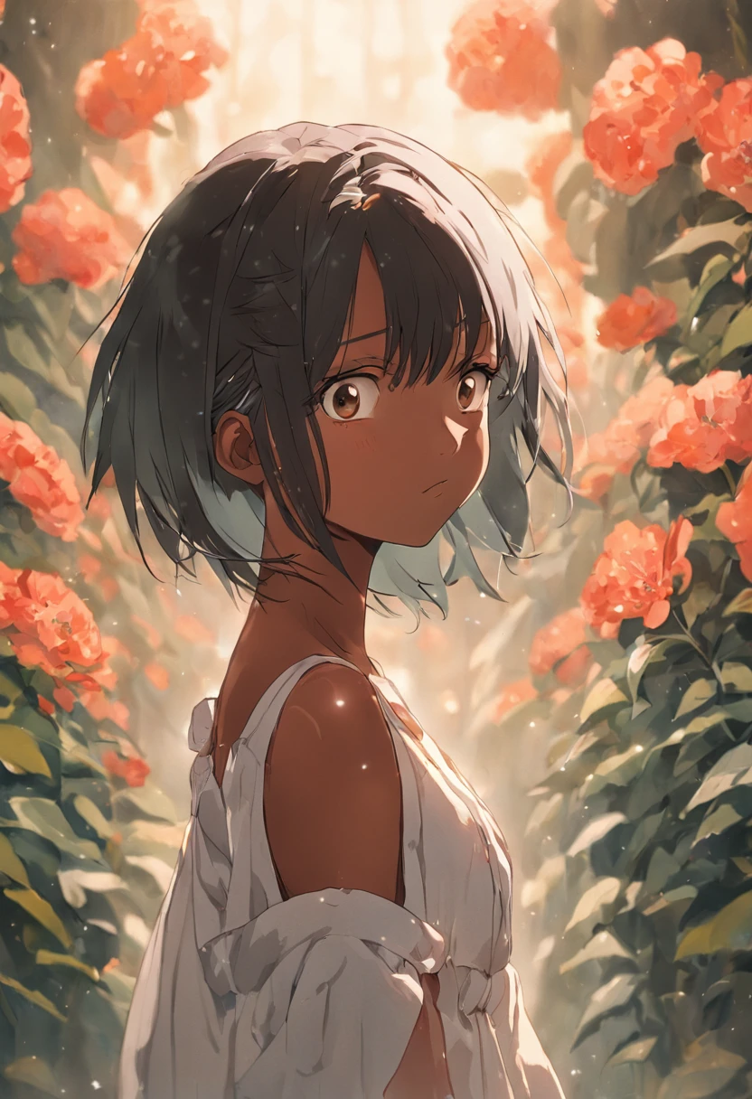 (Beauty shot:1.3) photo of a beautiful black young girl, wearing dress, standing, upper body framing, in a flower garden, with diffused lighting, from a eye level, shot on a Hasselblad 500CM with a Voigtlander Nokton 50mm f1.1 lens, in the style of (Richard Avedon:1.4)
