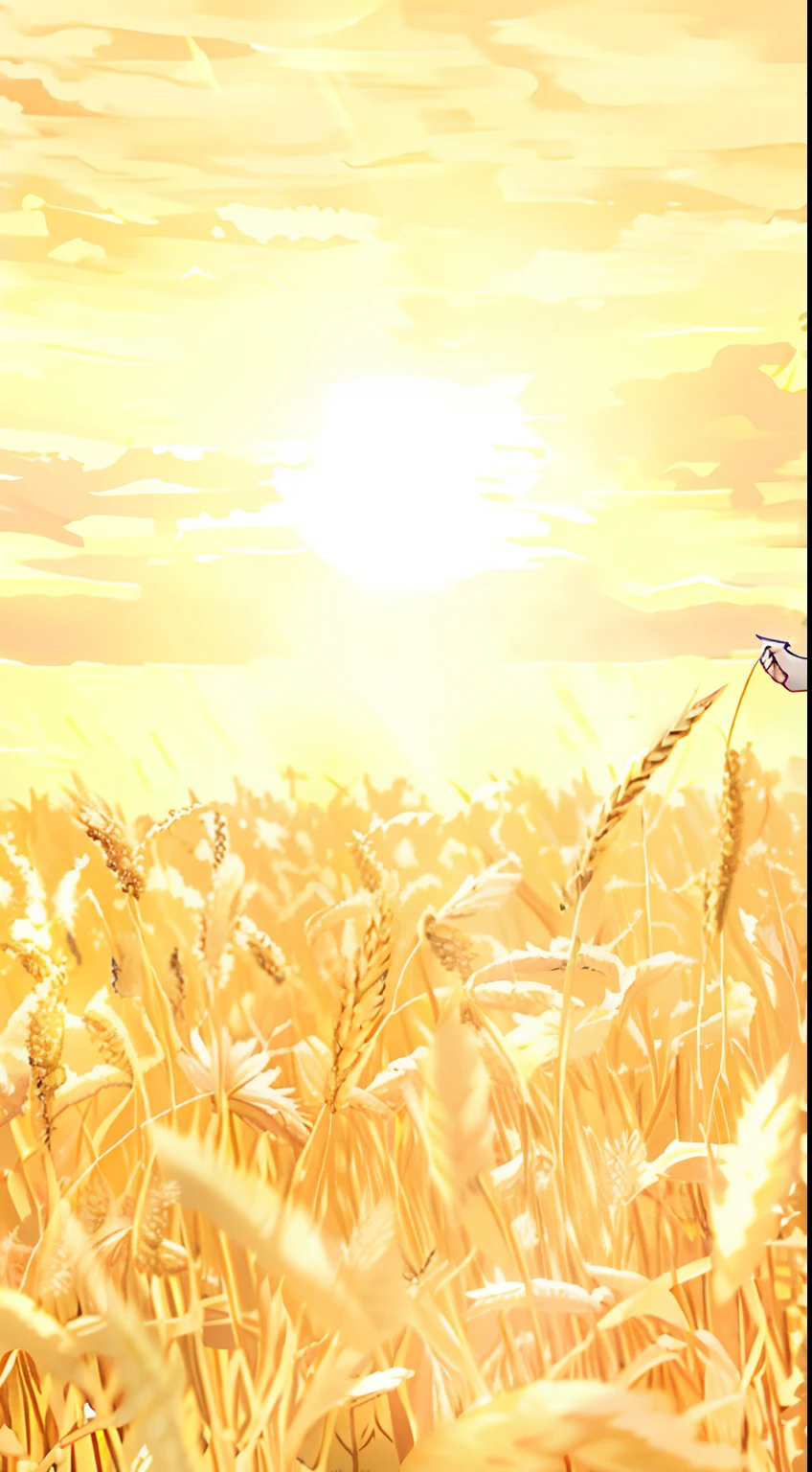 Araffid wheat field with sunlight in background, wheat field, beautiful fine sky, golden rays of sunlight, bathed in a golden glow, wheat field, Harvest, soft golden light, Sunny atmosphere, immense wheat fields, golden morning light, golden hour sunlight, radiating golden light, um dia ensolarado, on the vast wheat fields, in a wheat field, high grain