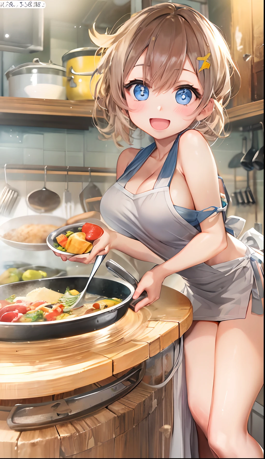 1girl in、A smile、Cooking in your room、barechested、Wearing only an apron、（（huge tit））、