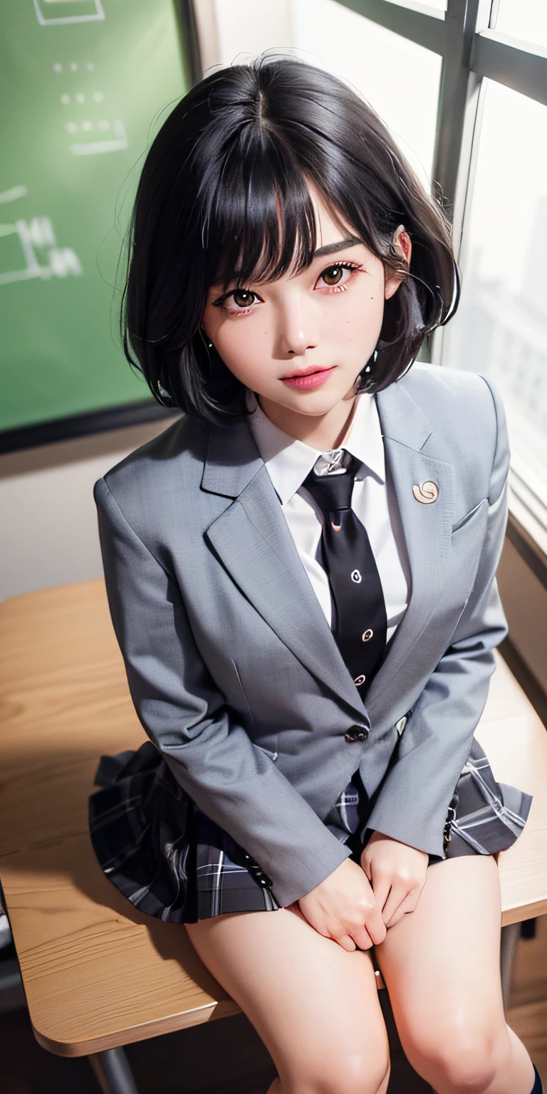 ((8k, RAW photos, top quality, masterpieces), high-definition RAW color photos professional close-up photos, (realistic, photorealism: 1.37), (highest quality), (best shadows), (best illustrations), collarbones ((big)), ((erotic, sexy, ultra high resolution, high-definition CG unified 8K wallpapers, physically based rendering, movie lighting), (aegyo sal:1), 18 year old girl, (grey blazer, ribbon, socks, high school uniform: 1.2), high school classroom, beautiful detail eyes, light on the face, ((full body shot: 1.2)), especially strong light, (upper eyes, grinning smile:1.2),shiny skin, (((black hair, bob hair:1.2))), ( thick thighs), ulzzang-6500-v1.1:0.2, shy, (flash:1.2), NSFW , (puffy), ((seductive posture: 1.2, attractive: 1.2)), (idle), (sitting at a desk in classroom: 1.2)), ((good anatomy: 1.2)), ((bright and refreshing classroom, background blurred: 1.2)), perfect face, cute face, (high angle shot:1.2)