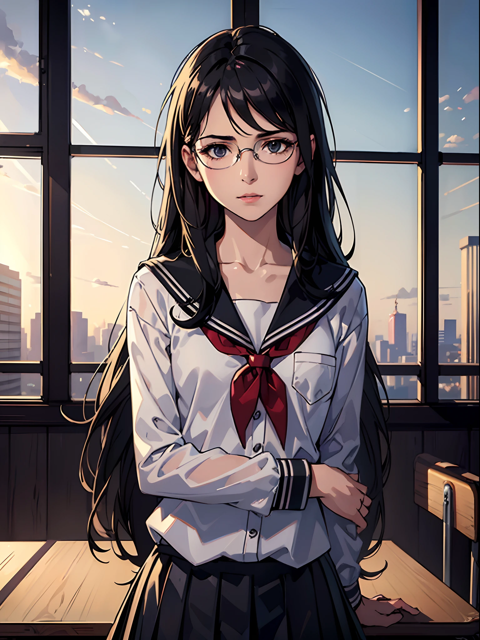 (best quality:1.4),masterpiece,ultra-detailed,delicate features,delicate skin,realism,beautiful lighting,cowboy shot,1girl,flat chest,black hair,messy hair,black eyes,blank eyes,tareme,long hair,gleaming skin,glasses,school uniform