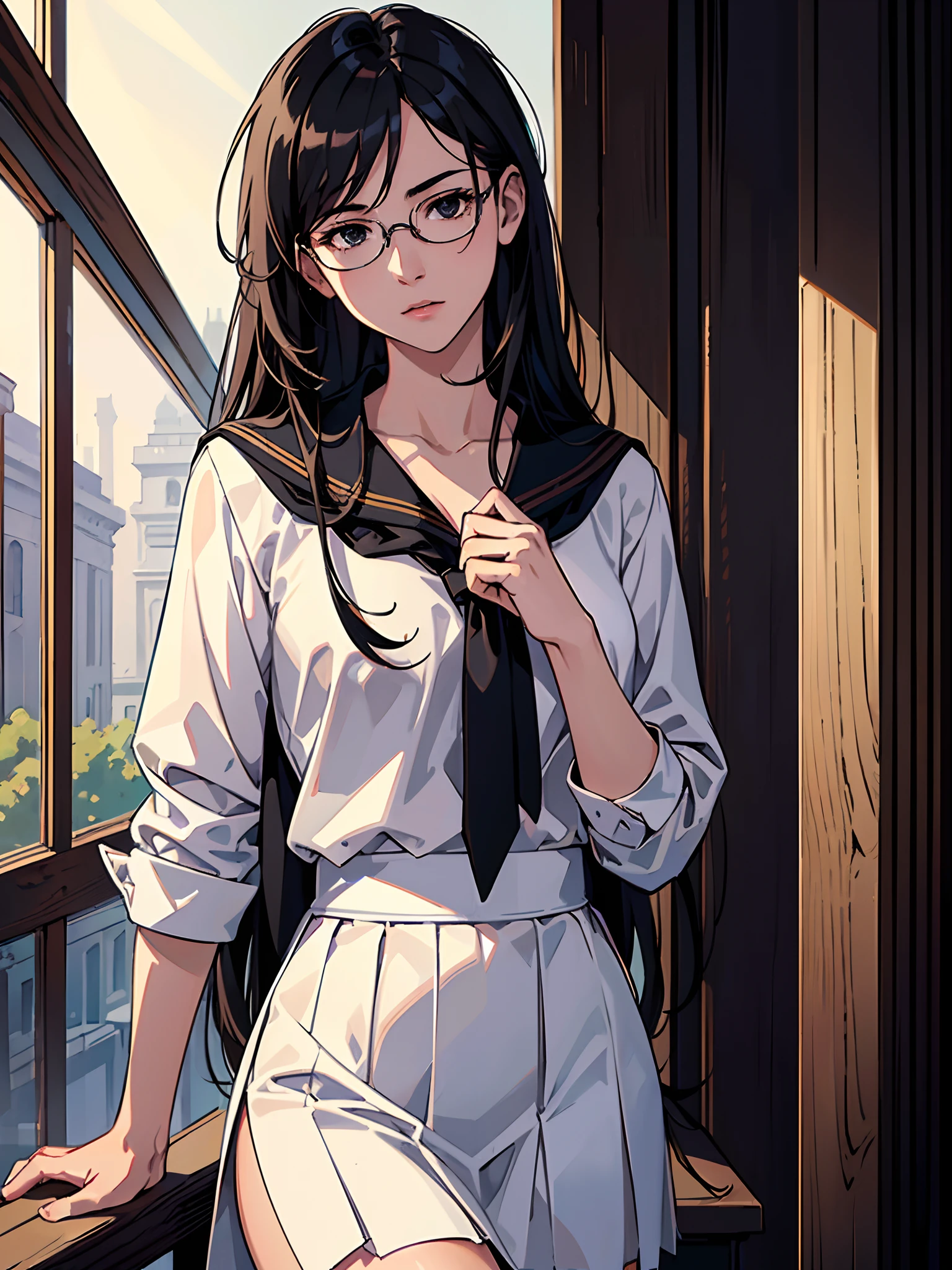 (best quality:1.4),masterpiece,ultra-detailed,delicate features,delicate skin,realism,beautiful lighting,cowboy shot,1girl,flat chest,black hair,messy hair,black eyes,blank eyes,tareme,long hair,gleaming skin,glasses,school uniform