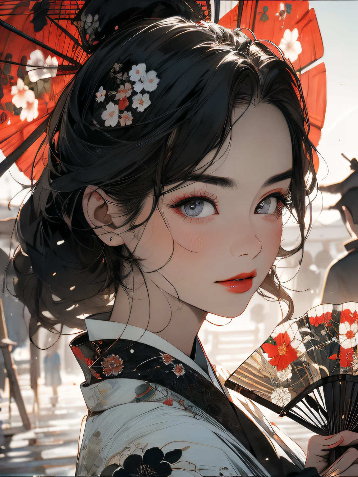 (RAW photos,best qualtiy),(realisticlying,photograph realistic:1.3),High detail, High definition, Vintage woman holding a Chinese fan,Face front,Light on the face,The bones on the face have highlights,Extremely refined and beautiful,astounding,finedetail,tmasterpiece,Hyper-detailing,A high resolution,(Most Best Illustration),(Best shadow),Close-up of face and eyes,Chinese fan,chinese paintings,watercolor paiting,iintricate,(((tmasterpiece,HighestQuali,k hd,high detal)))),retro aesthetic