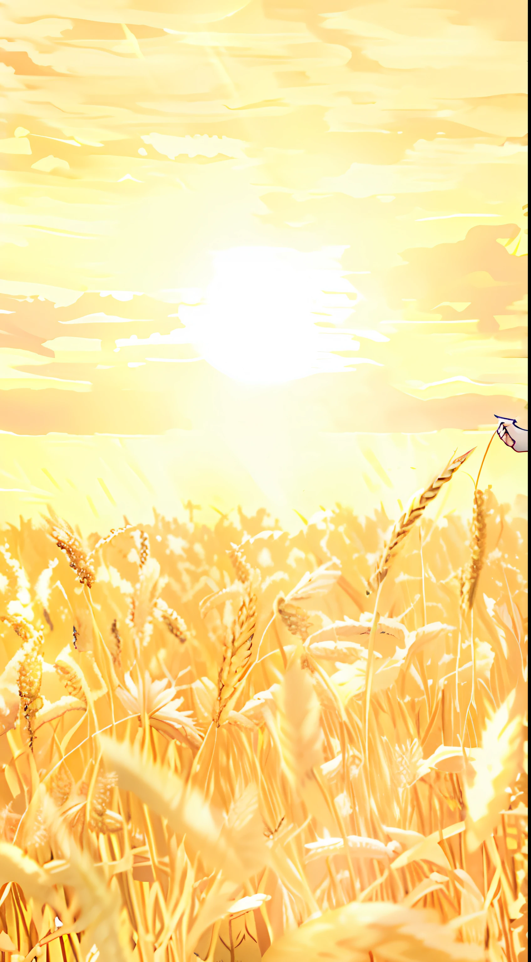 Araffid wheat field with sunlight in background, wheat field, beautiful fine sky, golden rays of sunlight, bathed in a golden glow, wheat field, Harvest, soft golden light, Sunny atmosphere, immense wheat fields, golden morning light, golden hour sunlight, radiating golden light, um dia ensolarado, on the vast wheat fields, in a wheat field, high grain