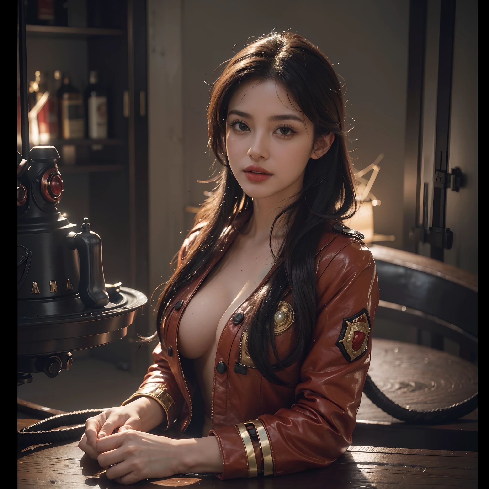 (master part, best quality, qualidade bonita, fotorrealista, Olhando para o Viewer, Detailed lighting, Pele extremamente detalhada, cabelos extremamente detalhados, dentes extremamente detalhados, Sombras, 8k:1.2), (an image of a woman is a (Bombeiro), 1girl:1.2),(mama grande),(corpo inteiro),(sensual),(uniforme vermelho)