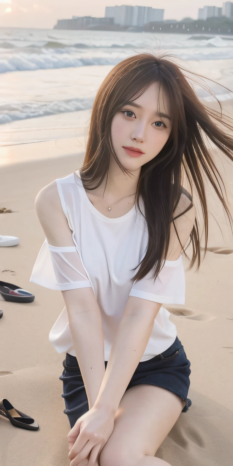 mix4, 20d, 独奏, long_hair, The shirt, 比基尼,Sitting on the beach, high_heels, full_body, look_at_viewer, (8k, RAW photos, best qualtiy, masterection:1.2), (realisticlying, photo-realistic:1.37), profesional lighting, photon maping