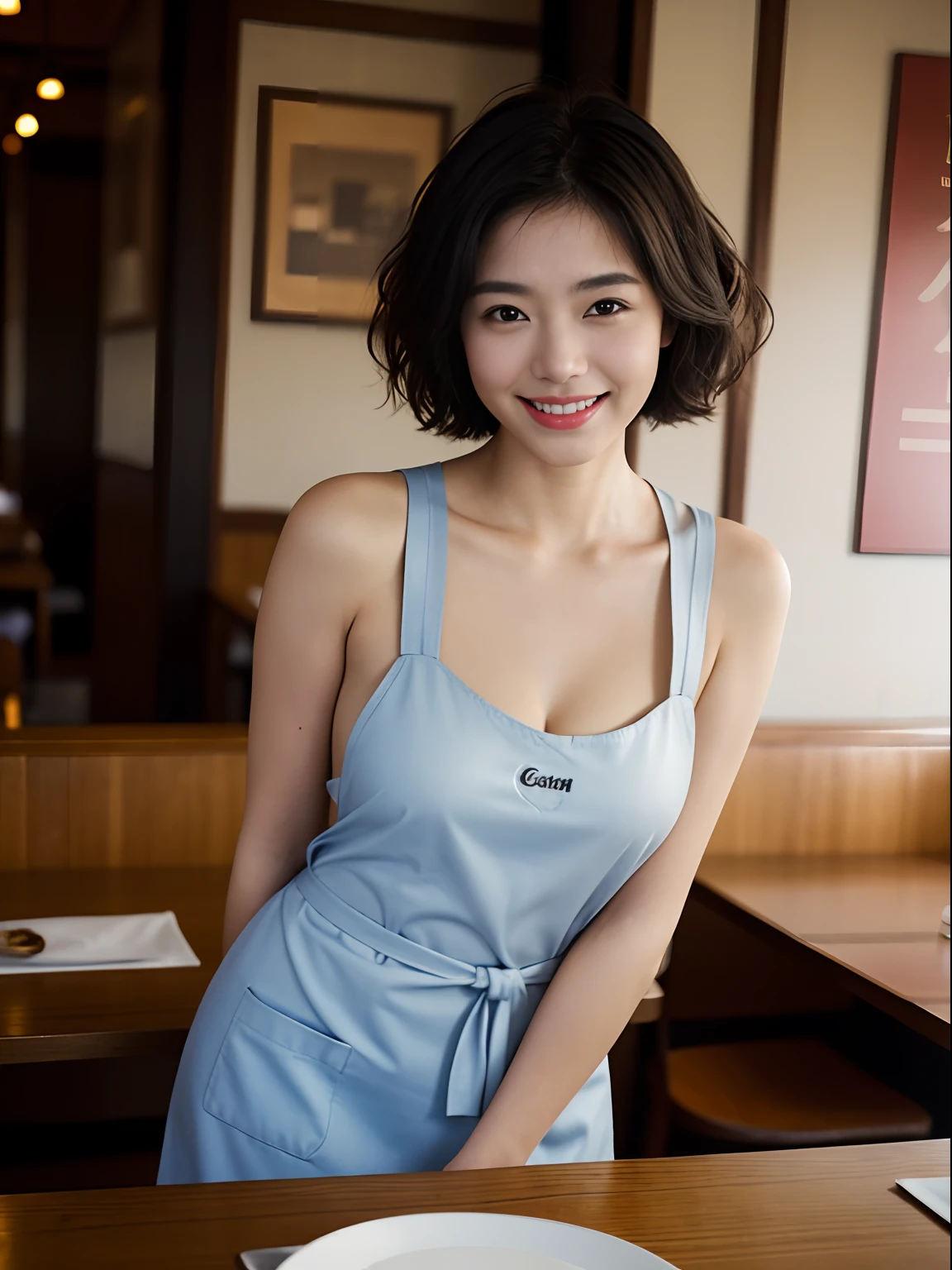 1girl in、A smile、The food served in the restaurant、barechested、Wear only a leather apron、morningglow，canon 6d，real photograph（（cleavage））、Short curly hair