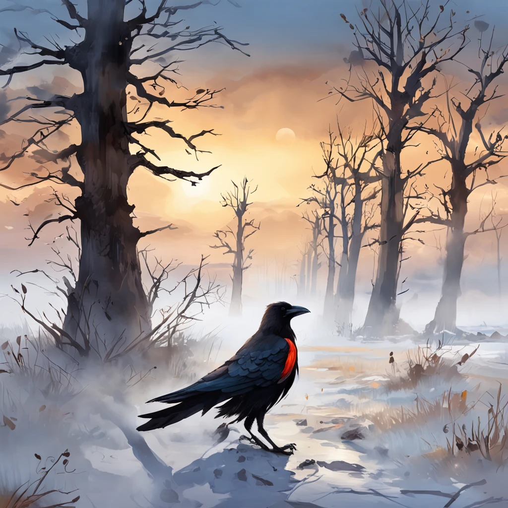 Two crows on a dead tree, A shadow shaped like a walker, Starry night, Thick fog on the ground, Blue light on the horizon, Unreal Engine 5, Cinematic, low angle photography, Motion blur, Depth of field, Dust, Cobblestones and dirt. Splash Art, dripping paint. Perfect color grading. Influenced by Karel Appel and Jeremy Mann, Full of dramatic and threatening scenes, Hyper-detailed, Beautiful, insanely details, Intricate details, editorial photography, shot with a 50mm lens, Depth of field, Tilt Blur, Shutter speed 1/1000, f/22. Lightmaps, Super bright