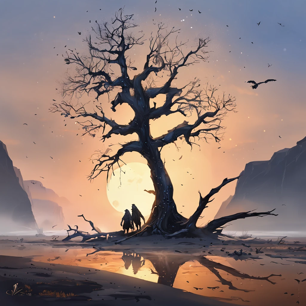 Two crows on a dead tree, A shadow shaped like a walker, Starry night, Thick fog on the ground, Blue light on the horizon, Unreal Engine 5, Cinematic, low angle photography, Motion blur, Depth of field, Dust, Cobblestones and dirt. Splash Art, dripping paint. Perfect color grading. Influenced by Karel Appel and Jeremy Mann, Full of dramatic and threatening scenes, Hyper-detailed, Beautiful, insanely details, Intricate details, editorial photography, shot with a 50mm lens, Depth of field, Tilt Blur, Shutter speed 1/1000, f/22. Lightmaps, Super bright