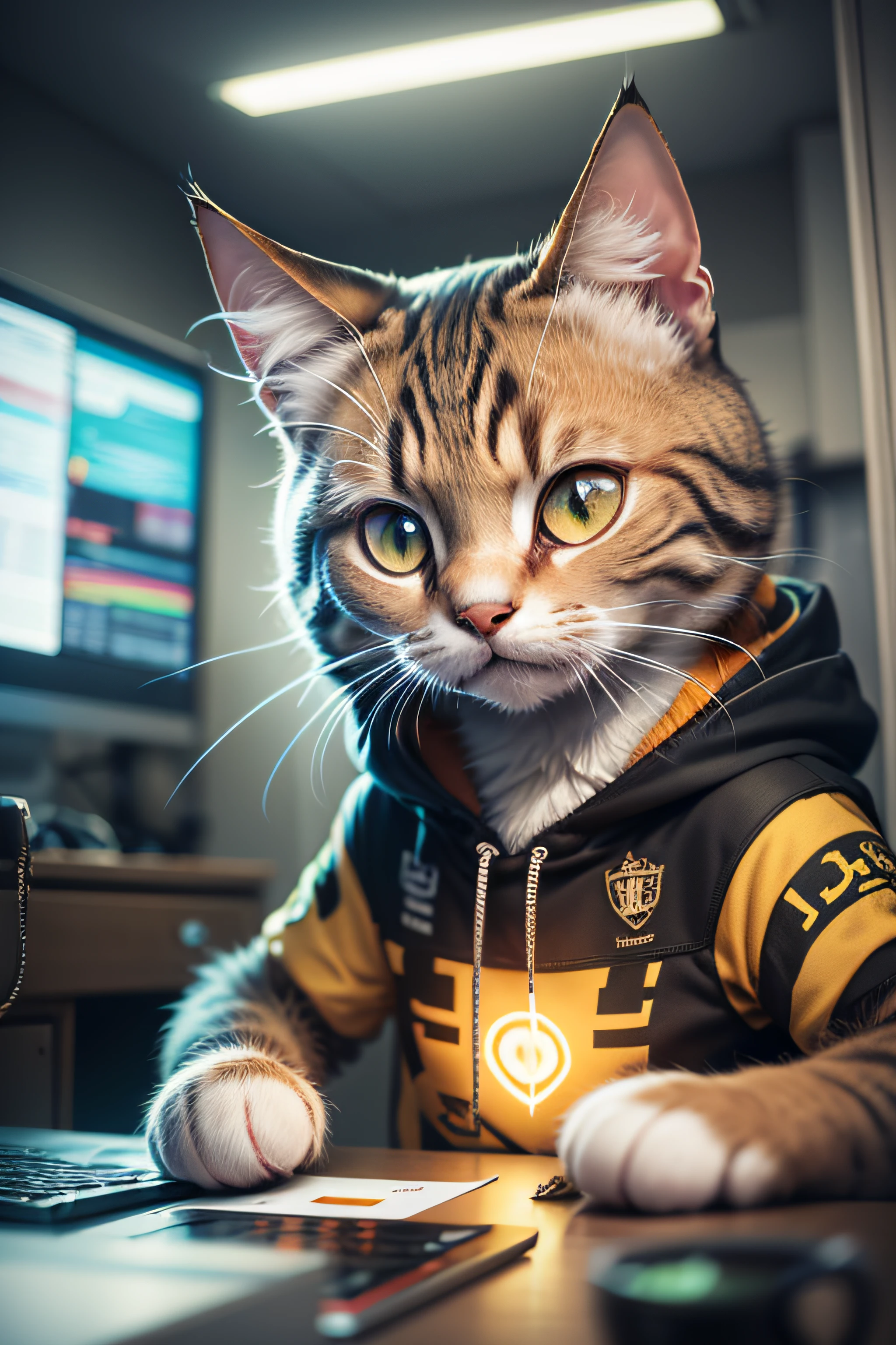 Um gato hacker realista,invadindo o sistema de uma empresa, In the futuristic room, com leds vermelhas e azuis --auto --s2