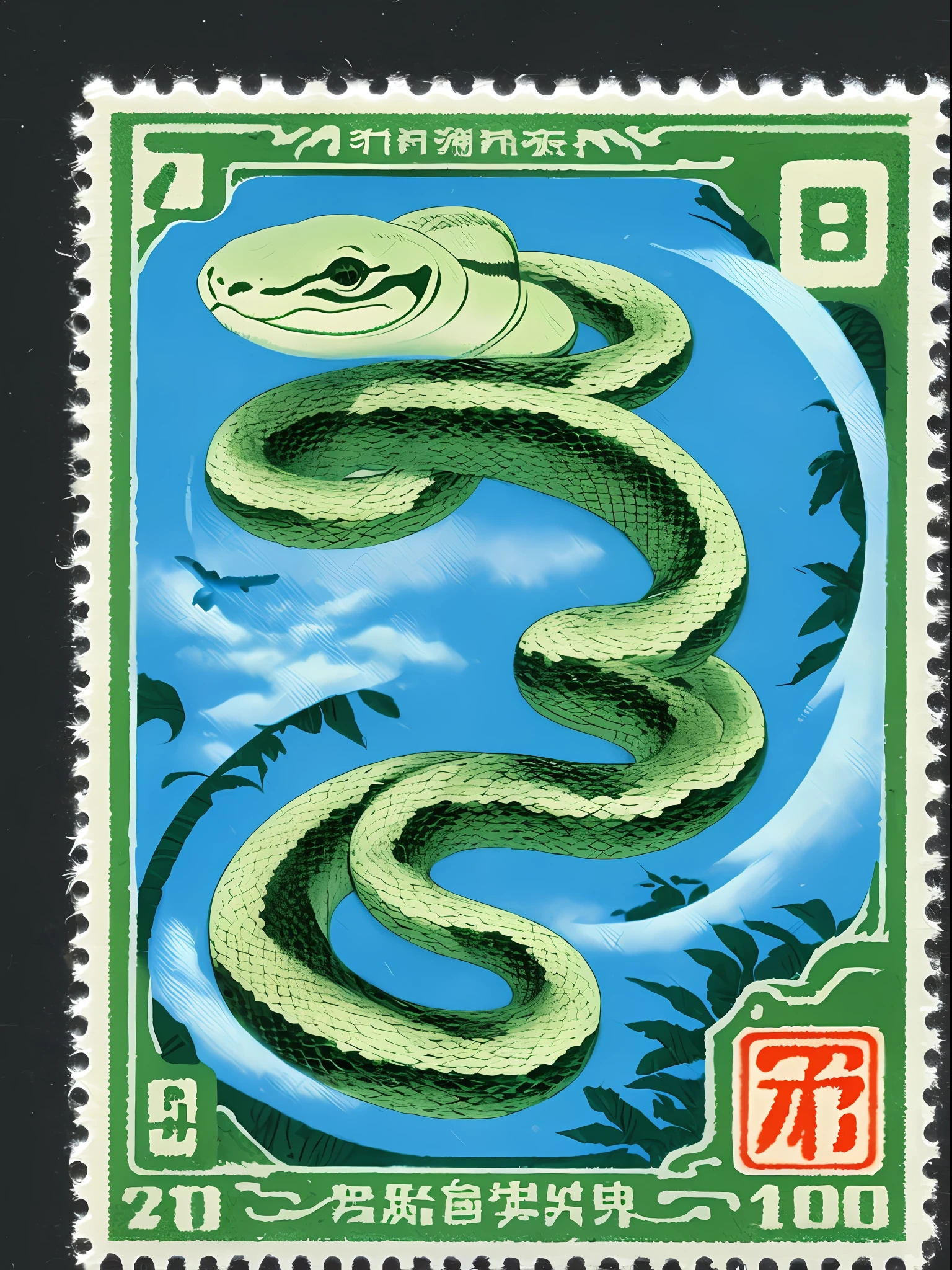 Vietnamese stamps depict a snake, Psychedelic surrealist style, Qing dynasty, photo taken with ektachrome, Indigo and green, Japanese folk art, Bamileek Art, Otherworldly creatures