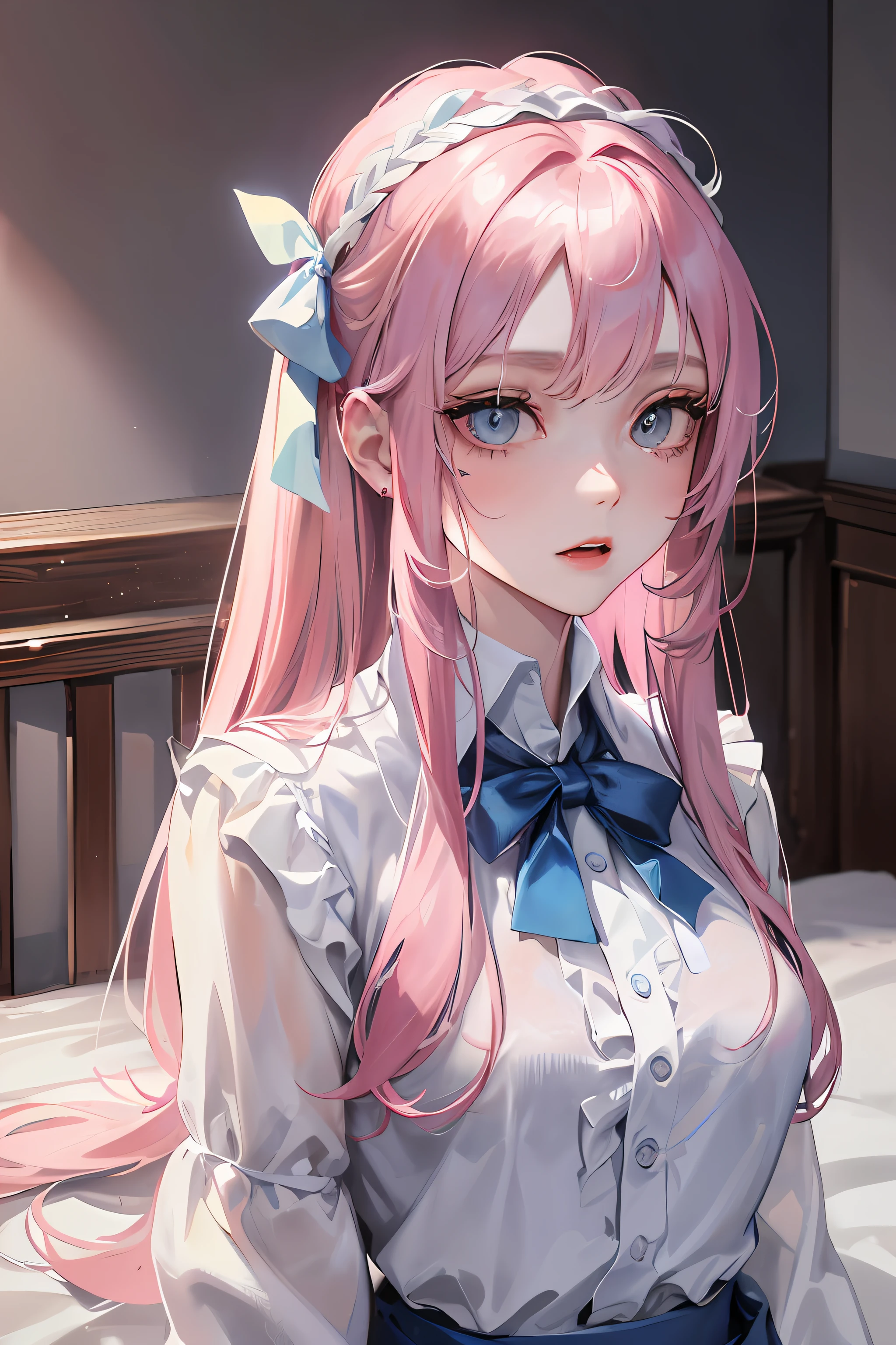 6-person dormitory, bed mountain, indoor environment, long shot, long view, girl, delicate facial features, reddish face, official art, masterpiece, sharp focus, (beautiful gorgeous cute Korean woman: 1.3), (beautiful cute Korean: 1.3), Korean beauty, delicate beautiful hair and eyes and face, realistic, super detailed, beautiful girl, glowing white particles, (sidelighting: 1.2), foggy sky, slender, cute, brow furrowed, long straight hair, sexy facial expression, dynamic hair, long straight hair, fine platinum-pink hair, glowing blue eyes, (blue pleated shirt + white skirt), white stockings, pale skin, hair accessories, ,woman is tall ,