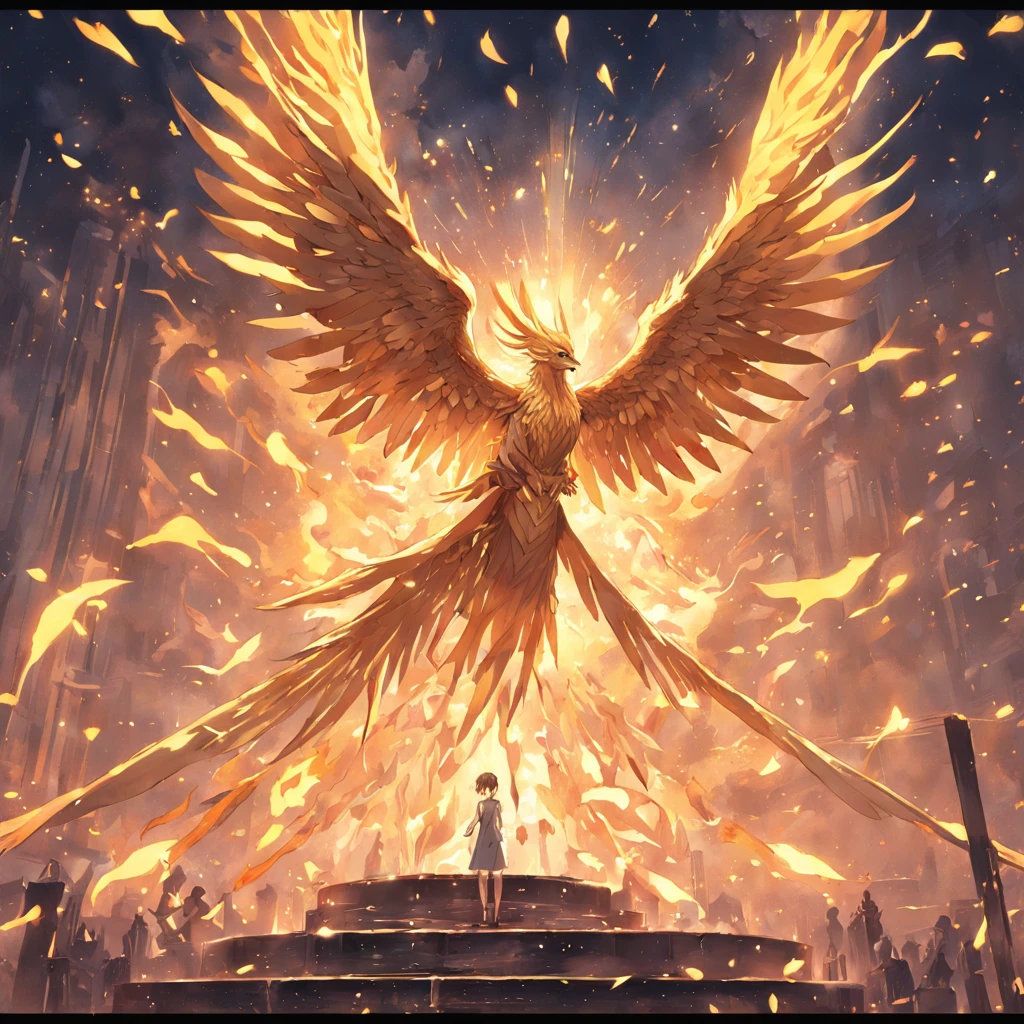 (Divine bird),(Fire Phoenix),(The fire light outlined the body of the phoenix),The phoenix flaps its wings,(Shining with golden light),Solo,nigth,Multiple silhouettes,First-person elevation angle,super detailing,best qualtiy,tmasterpiece,(8K),Extremely detailed,Epic artwork,nothing background,The picture is clear,