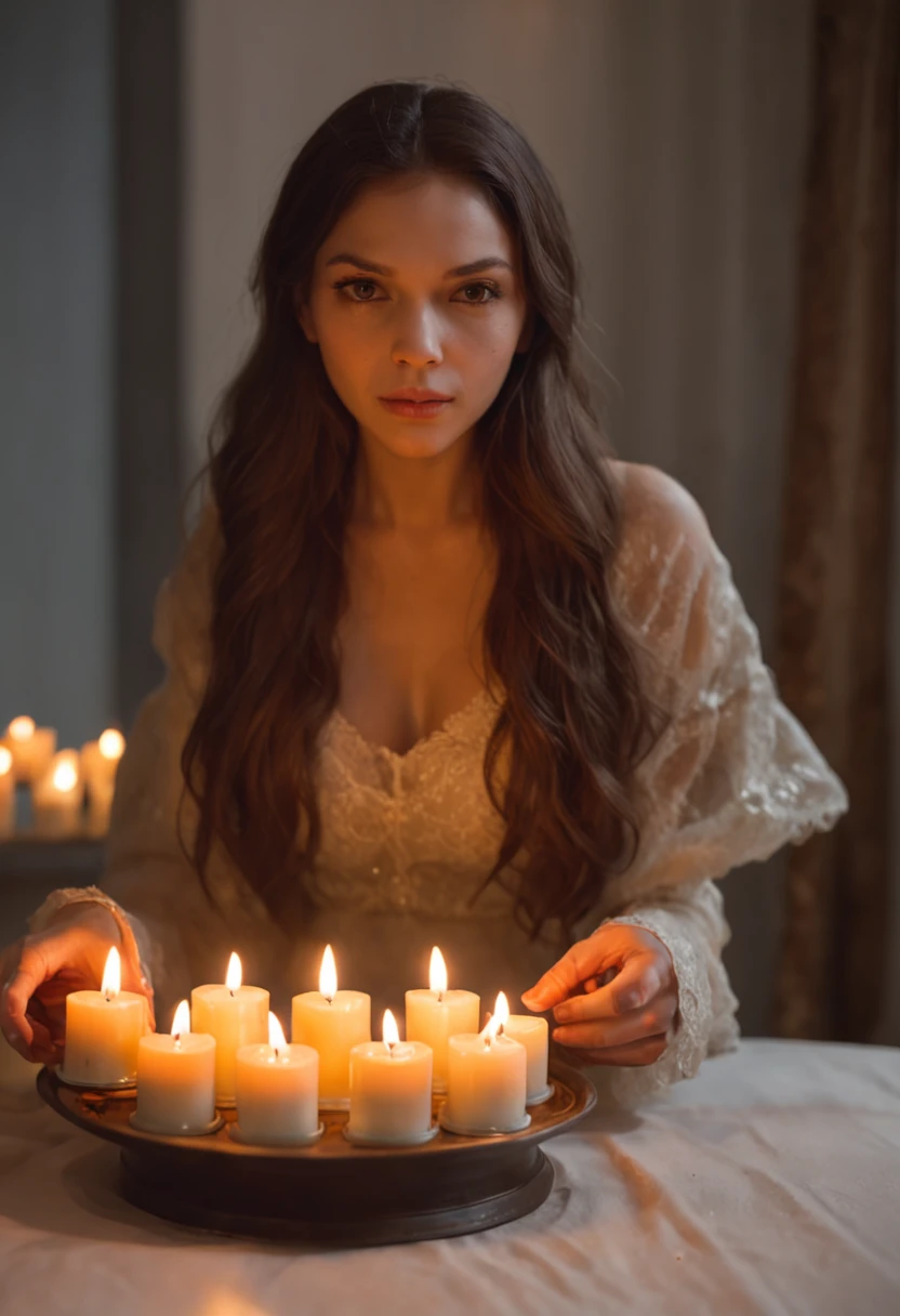 Woman holding tray,There was cake and candles inside, holding a candle, candle lighting, lit candle, lit with candles, candle wax, luz de velas, Candlelight, in a room full of candles, natural candle lighting, Candle, 8 k sensual lighting, Drip candles, with backlight, floating candles, soft warm light, room full of candles,The woman was wearing underwear,A black man stood behind her。,The black man put his arm around her,The blacks also wore only one underwear,Gently blow into her earlobe