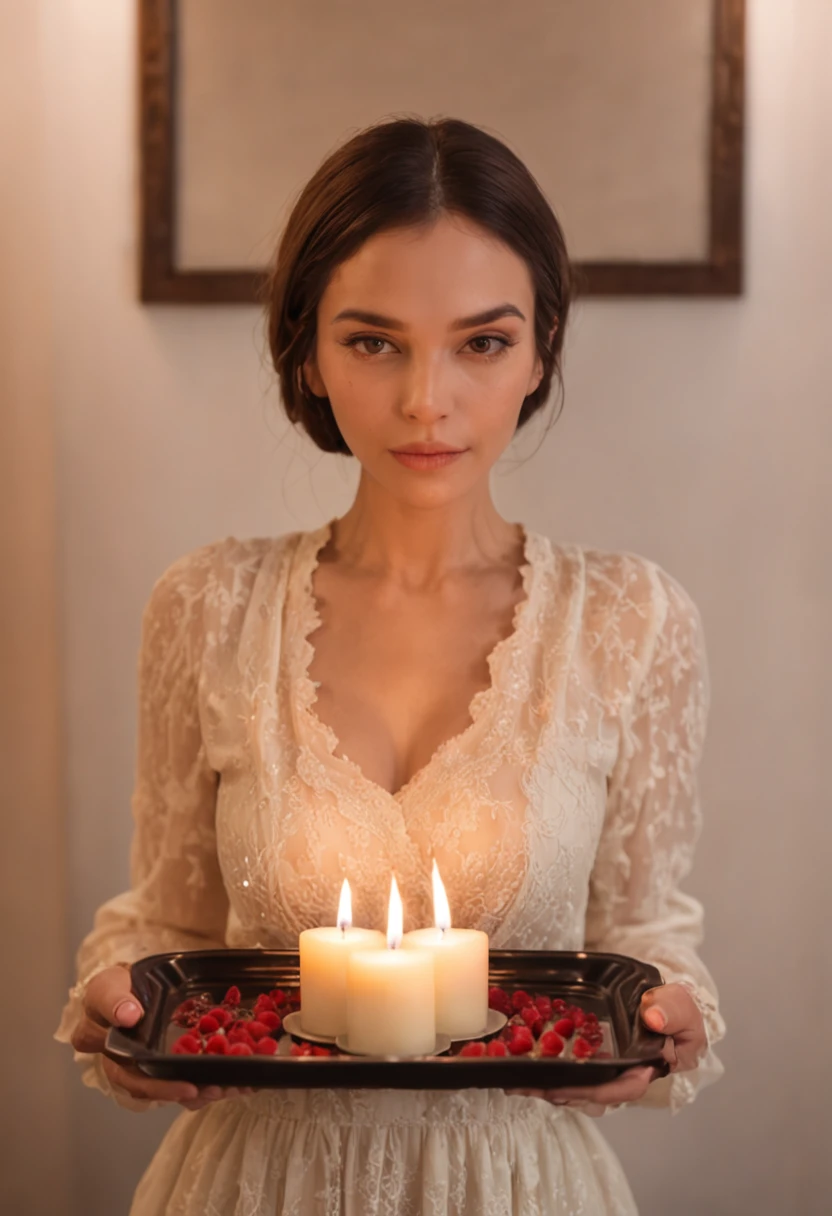 Woman holding tray,There was cake and candles inside, holding a candle, candle lighting, lit candle, lit with candles, candle wax, luz de velas, Candlelight, in a room full of candles, natural candle lighting, Candle, 8 k sensual lighting, Drip candles, with backlight, floating candles, soft warm light, room full of candles,The woman was wearing underwear,A black man stood behind her。,The black man put his arm around her,The blacks also wore only one underwear,Gently blow into her earlobe