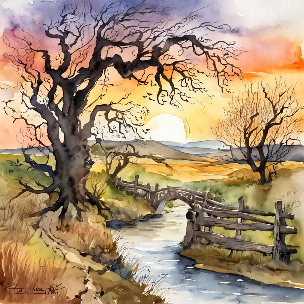 Dead vines, old trees, faint crows, small bridges and flowing water, ancient roads west wind thin horses. The sun is setting, and the broken intestines are at the end of the world.