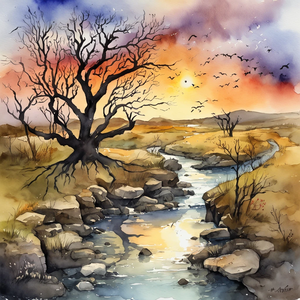 Dead vines, old trees, faint crows, small bridges and flowing water, ancient roads west wind thin horses. The sun is setting, and the broken intestines are at the end of the world.