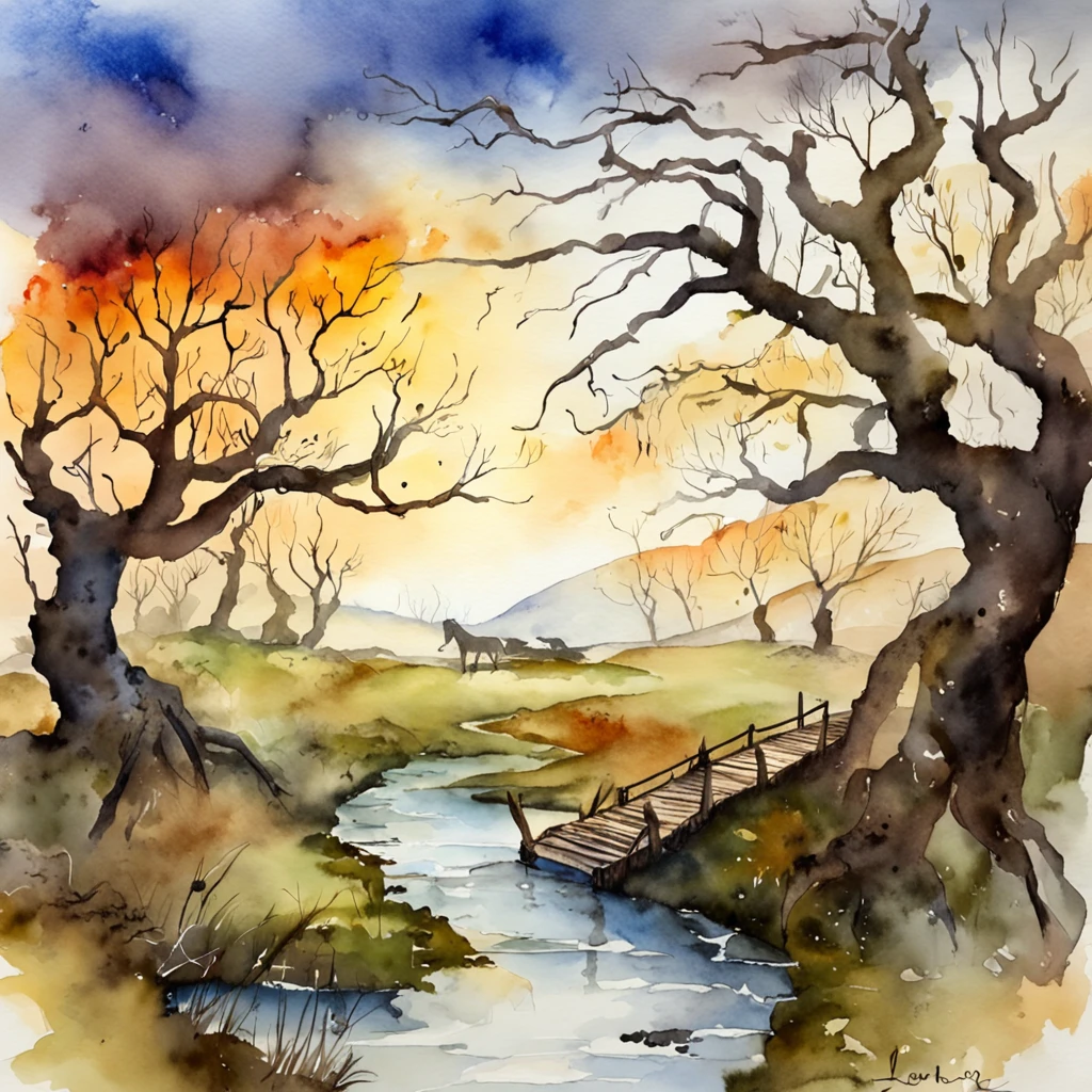 Dead vines, old trees, faint crows, small bridges and flowing water, ancient roads west wind thin horses. The sun is setting, and the broken intestines are at the end of the world.