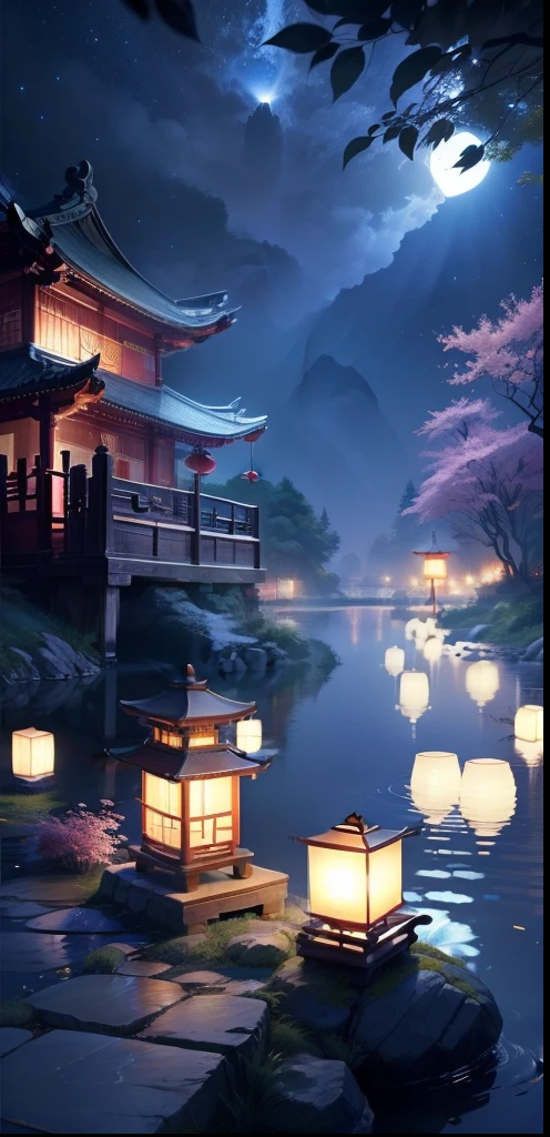 真实感,Chinese Ancient Times,by lake,River lamps,summertime,July and a half,the night,rays of moonlight