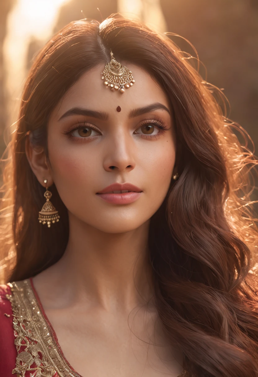 an ultra realistic  shot of a very beautiful Indian modern woman with gorgeous brown hair posing for a picture, extremely detailed and clear facial features, realistic barbie doll,  realistic anime art style, The color palette consists of warm, golden tones reflecting the sunlight. Her eyes, filled with the colors of a vibrant sunset, captivate the viewer. The illustration radiates a sense of ethereal beauty and connection to nature, cinematic, Hyper-detailed, insane details, Beautifully color graded, Unreal Engine, DOF, Super-Resolution, Megapixel, Cinematic Lightning, Anti-Aliasing, FKAA, TXAA, RTX, SSAO, Post Processing, Post Production, Tone Mapping, CGI, VFX, SFX, Insanely detailed and intricate, Hyper maximalist, Hyper realistic, Volumetric, Photorealistic, ultra photoreal, ultra-detailed, intricate details, 8K, Super detailed, Full color, Volumetric lightning, HDR, Realistic, Unreal Engine, 16K, Sharp focus, cgsociety 9