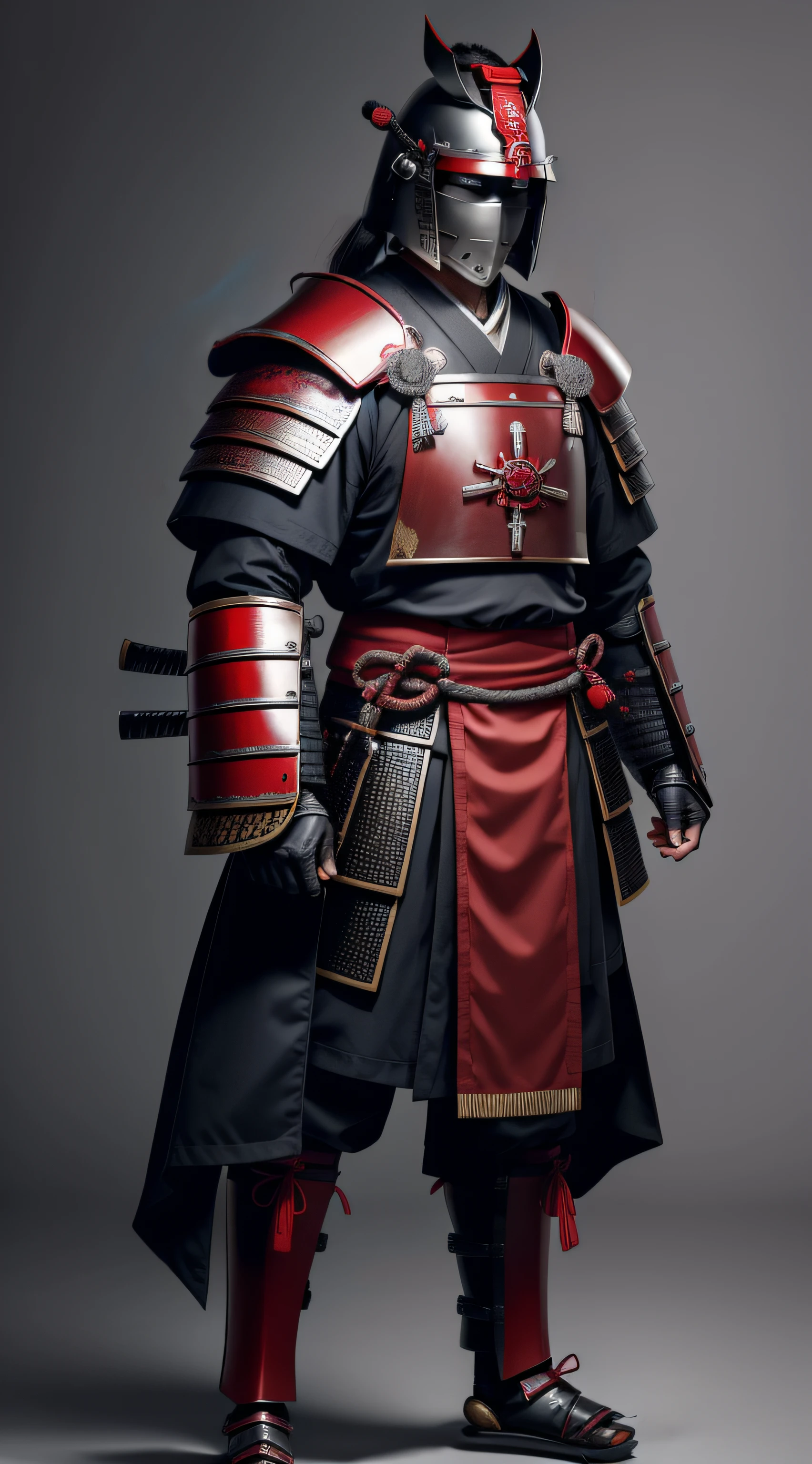 full body portrait of one Japanese Samurai Warrior, front view, looking at the camera, wearing samurai black and red armor, with helmet covering his mouth, frontview