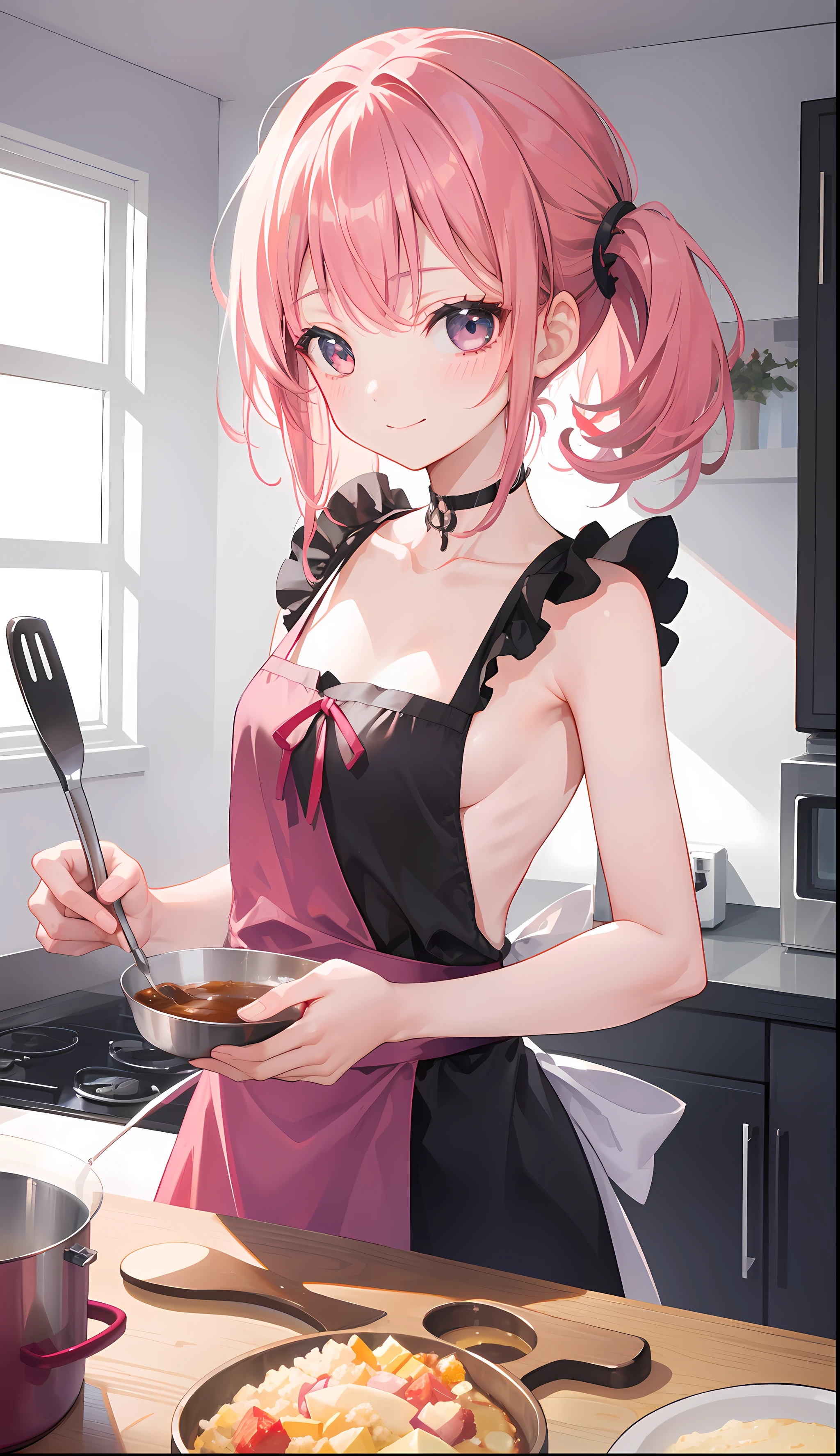 1girl in、A smile、Cooking in your room、barechested、Wearing only an apron、((small tits))、