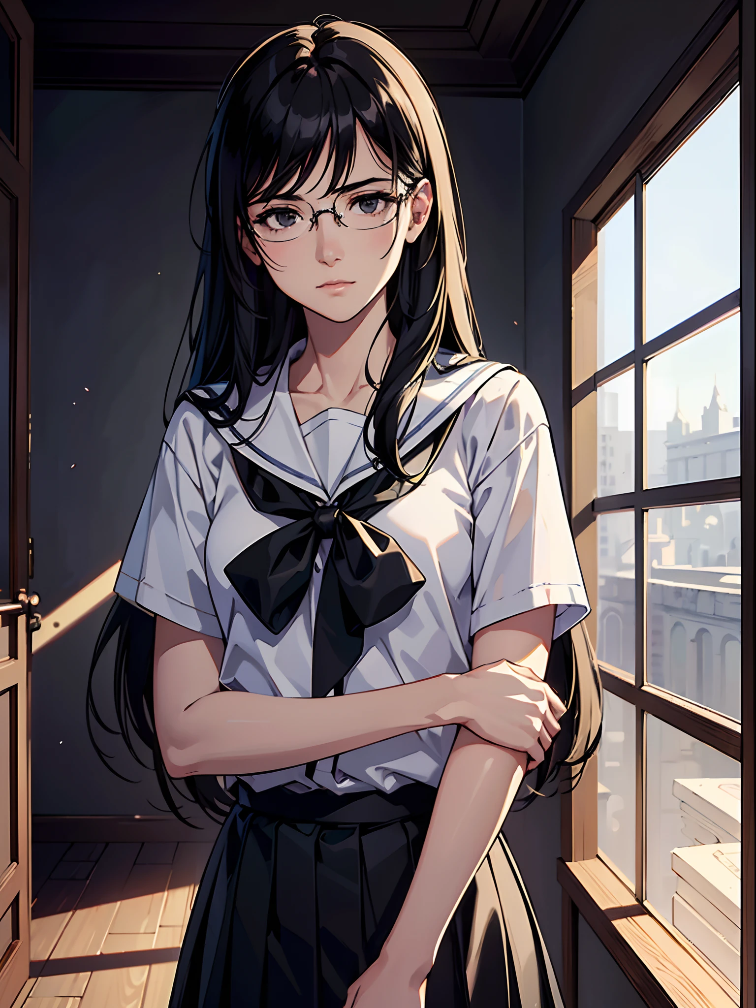 (best quality:1.4),masterpiece,ultra-detailed,delicate features,delicate skin,realism,beautiful lighting,cowboy shot,1girl,flat chest,black hair,messy hair,black eyes,blank eyes,tareme,long hair,gleaming skin,glasses,school uniform