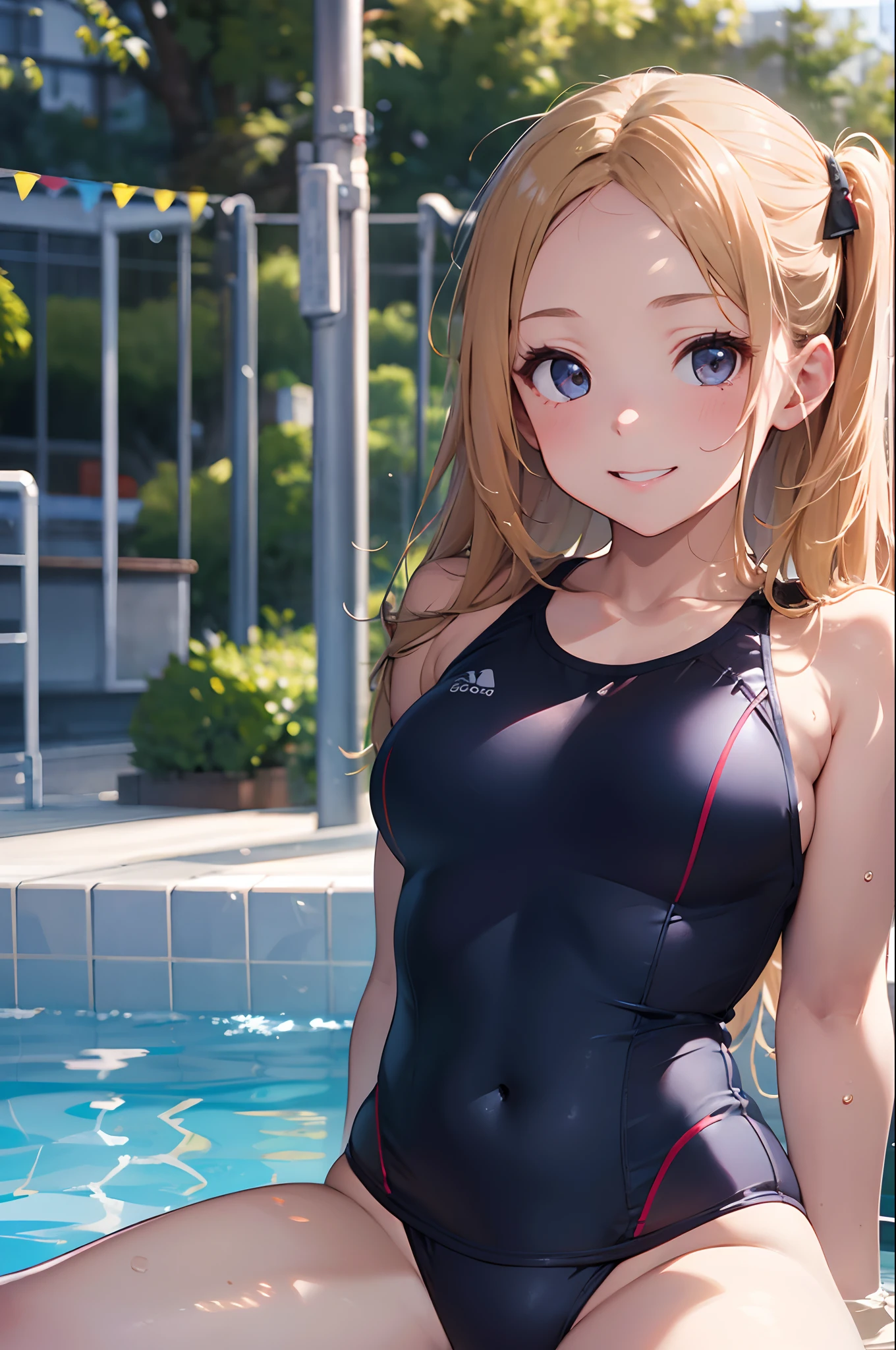 (8K, Raw photography, top-quality, masterpiece:1.2), 1girl in, 3 d,a blond、The long-haired、(Bring out your forehead:1.2)、His arms folded、Cross-legged sitting、Backless Swimming School Swimwear、Asian, school poolside、A smile、