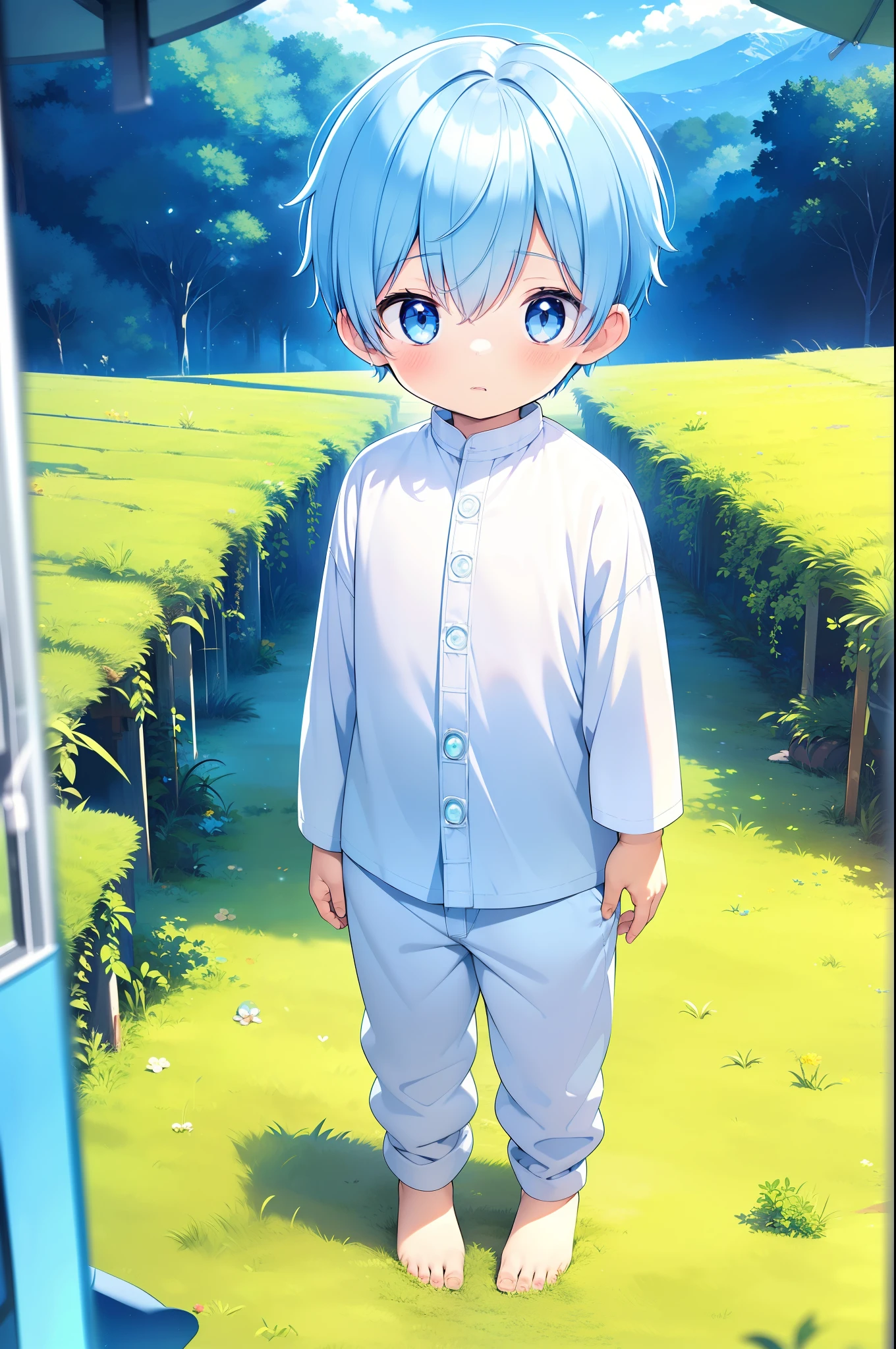 4k, (Masterpiece:1), ********** with blue colored hair and shiny, glowing cyan eyes and barefoot, standing on field, epic, cinematic, young, boy, child, small, toddler, tiny feet, focus on feet, feet, blushing, (Young:1.4), (Child:1.4), (Shota:1.4), (male:1.4), (boy:1.4), (divine clothes:1.4), (epic:1.4), (posing:1.4), (cinematic:1.4),