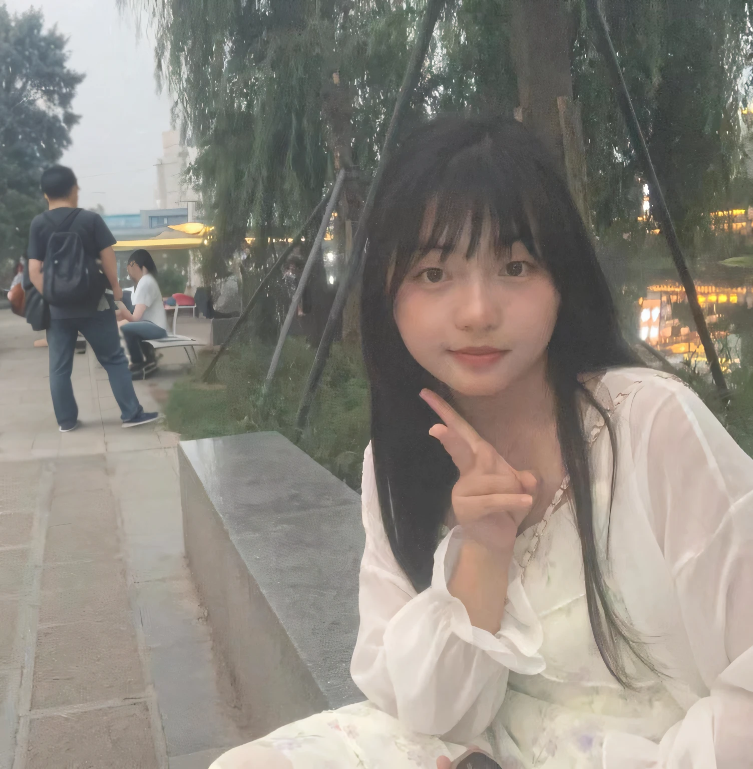 there is a woman sitting on a bench with a cell phone, xintong chen, chiho, ulzzangs, wenfei ye, xision wu, Chinese girl, inspired by Ma Yuanyu, Guviz, chengyou liu, Wang Qichao, shikamimi, wenjun lin, with index finger, Lin Qifeng, zmonzheng