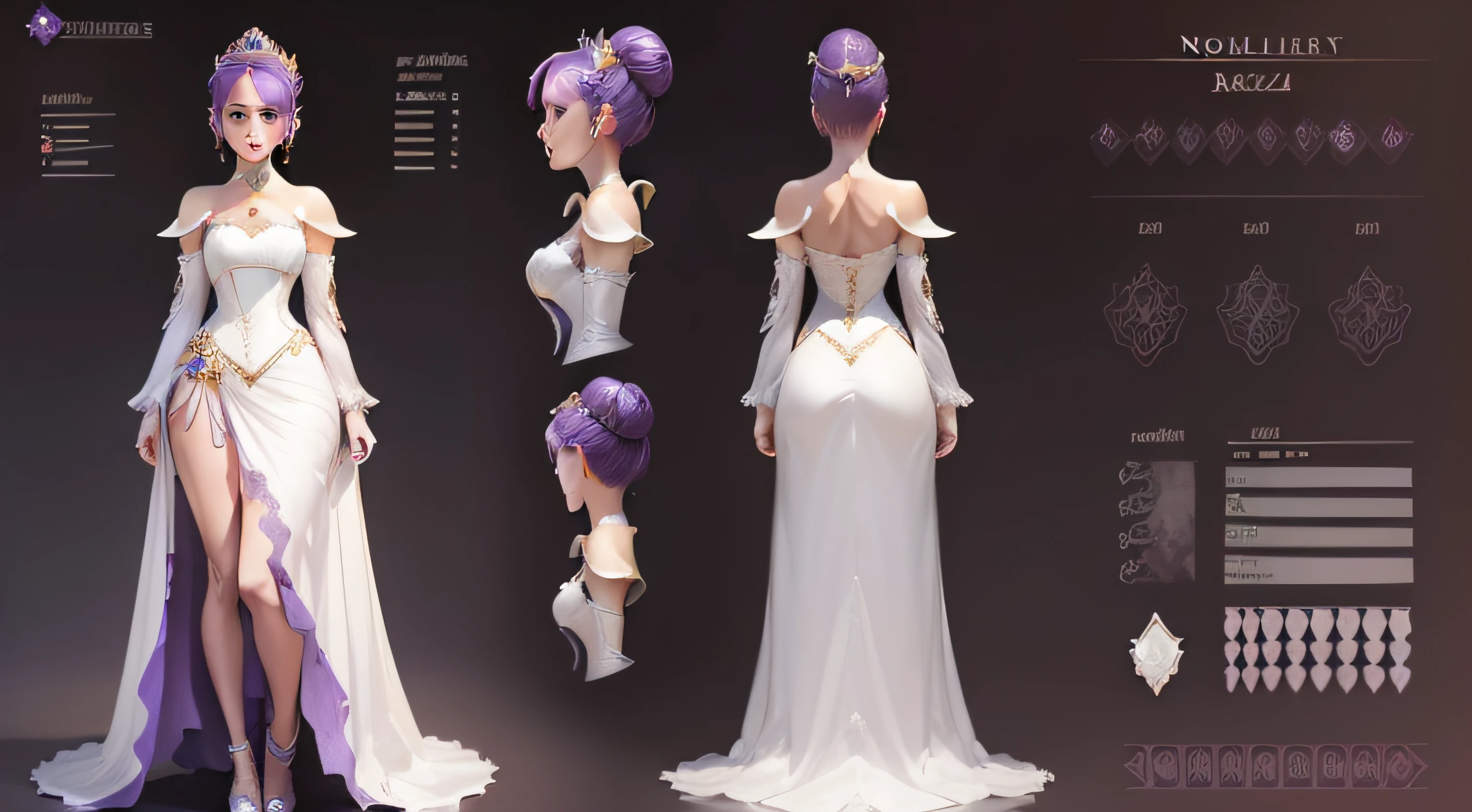 full body princess dress ((Best Quality)), ((Masterpiece)), ((Realistic)) 19 year old, purplehead girl, short hair, aroused excited face ((( noble princess galaxy dress ))) ((slender)) (sexy) ((noble)) bun hairstyle, (((detailed character sheet, frontal view, side view, three quarter view))) (((white background)))