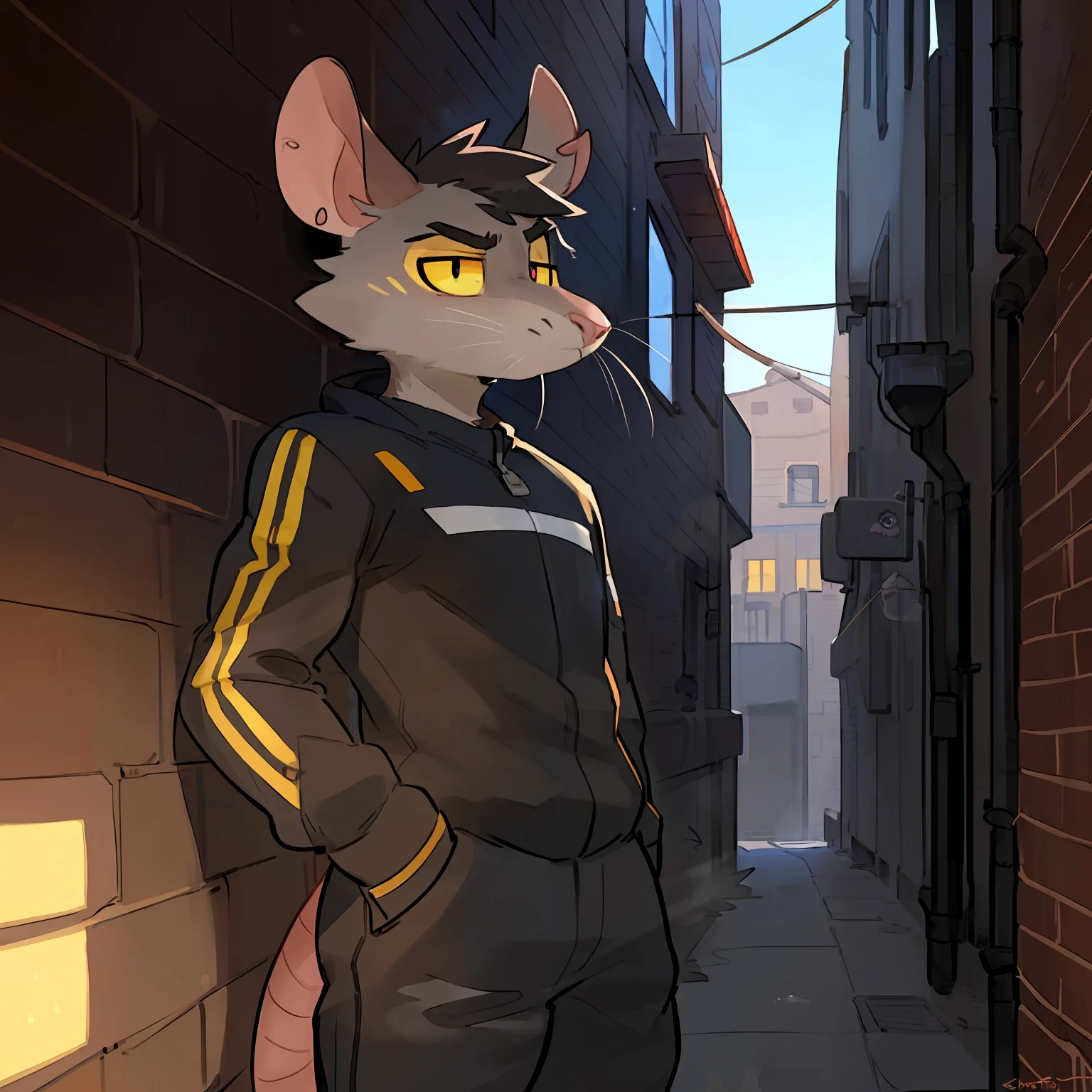 Solo, male, standing, (((rat, smelly stinky, skrunkly, crooked whiskers, notched ear, big eyebrows))), pink nose, dark grey fur, tired eyes, annoyed, (((yellow sclera))), black eyes, (black hair, short hair, messy hair), spacesuit, (((by schmutzo))), (by glitter trap boy), by spikedmauler, (by bebebebebe, by buta99), ((detailed eyes)), dark eye circles, sleepy, alleyway