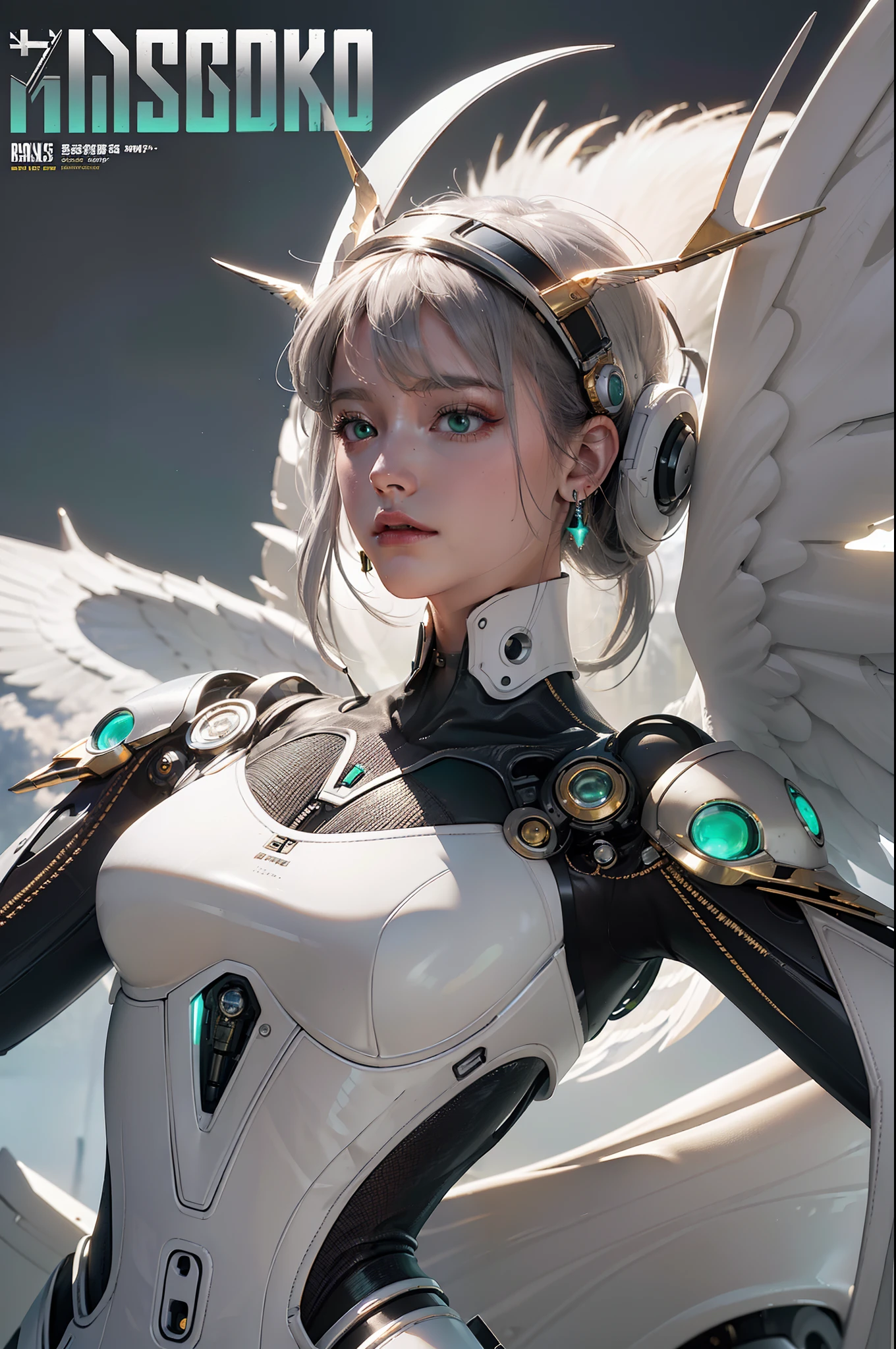 masterpiece,  (best quality), (ultra-detailed), (ultra-realistic:1.2), landscape,  sci-fi, transistorpunk,  cyberpunk, biopunk, (magazine cover:1.4), (gray, white), female huge robot, visor, earring, mechanical angel wings on the back, angel wings,  future town, dynamic pose, dynamic angle, small breasts, luxury, (gold, silver, green), neon