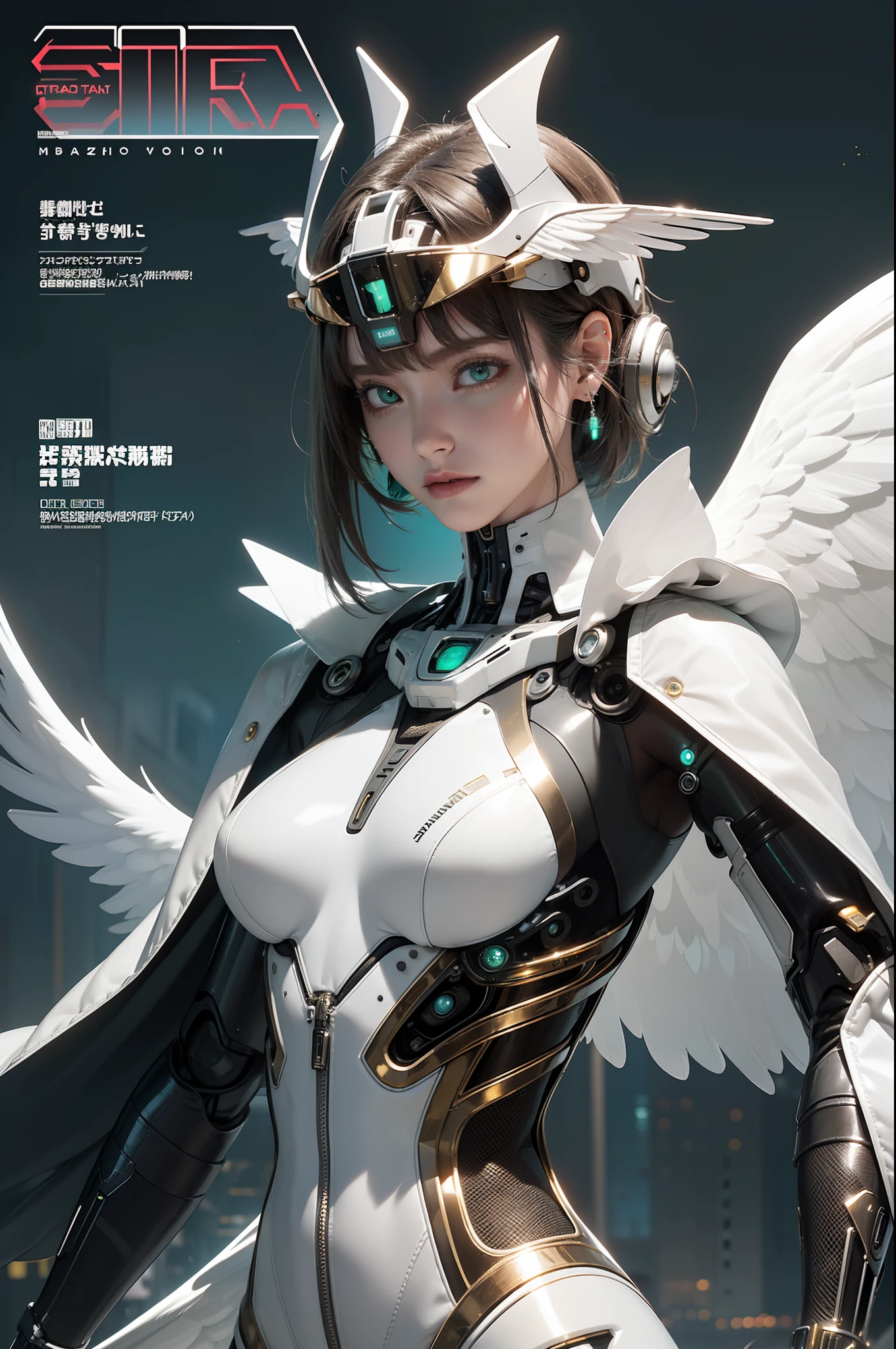 masterpiece,  (best quality), (ultra-detailed), (ultra-realistic:1.2), landscape,  sci-fi, transistorpunk,  cyberpunk, biopunk, (magazine cover:1.4), (gray, white), female huge robot, visor, earring, mechanical angel wings on the back, angel wings,  future town, dynamic pose, dynamic angle, small breasts, luxury, (gold, silver, green), neon
