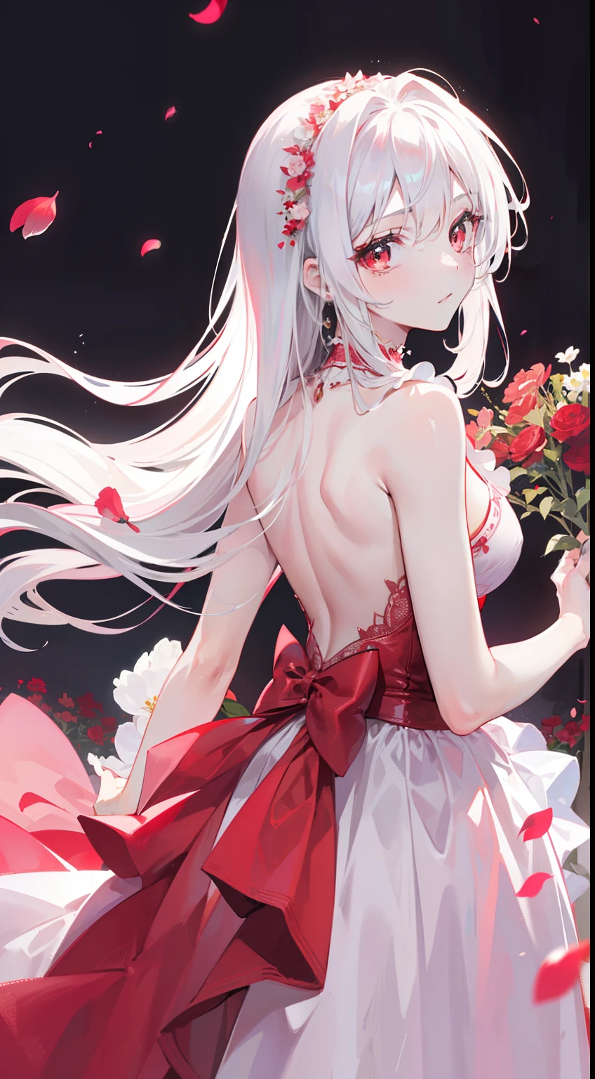(bestquality, masterpiece), (An elegant mature woman , 1girl , solo, "Pink Dress", Standing , looking at the audience, "White Hair",long-haired,red eyes, gag, Upper body), ( sawn Back, Dark Red flowers, )