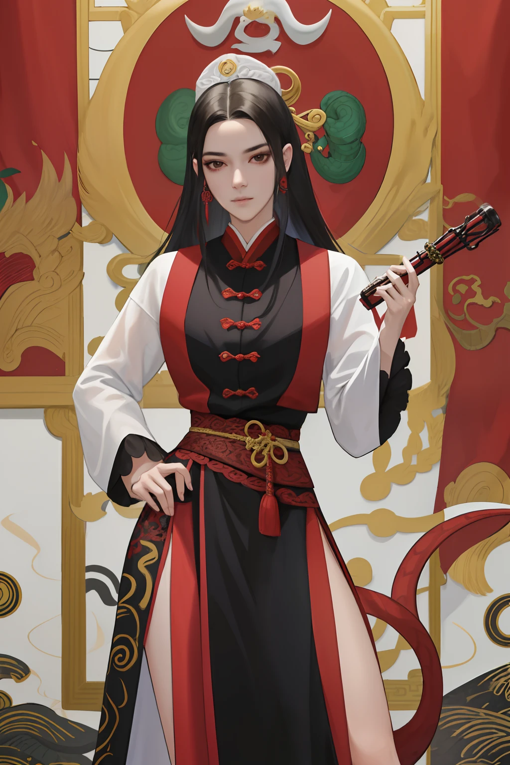 NSFW, obra-prima, melhor qualidade, ultra-detalhado, semi-realista, detailedfacialfeatures, 1 mulher,deidade marcial,Mulher usando roupa ancestral wuxia,princesa serpente,Villain,cabelos longos da cor sangue,olhos negros fascinantes,seios grandes,muito bonita,voluptuosa mulher,sexy,maliciosa,poderosa,standing on top of an serpente grande holding a whip in his left hand,altiva.