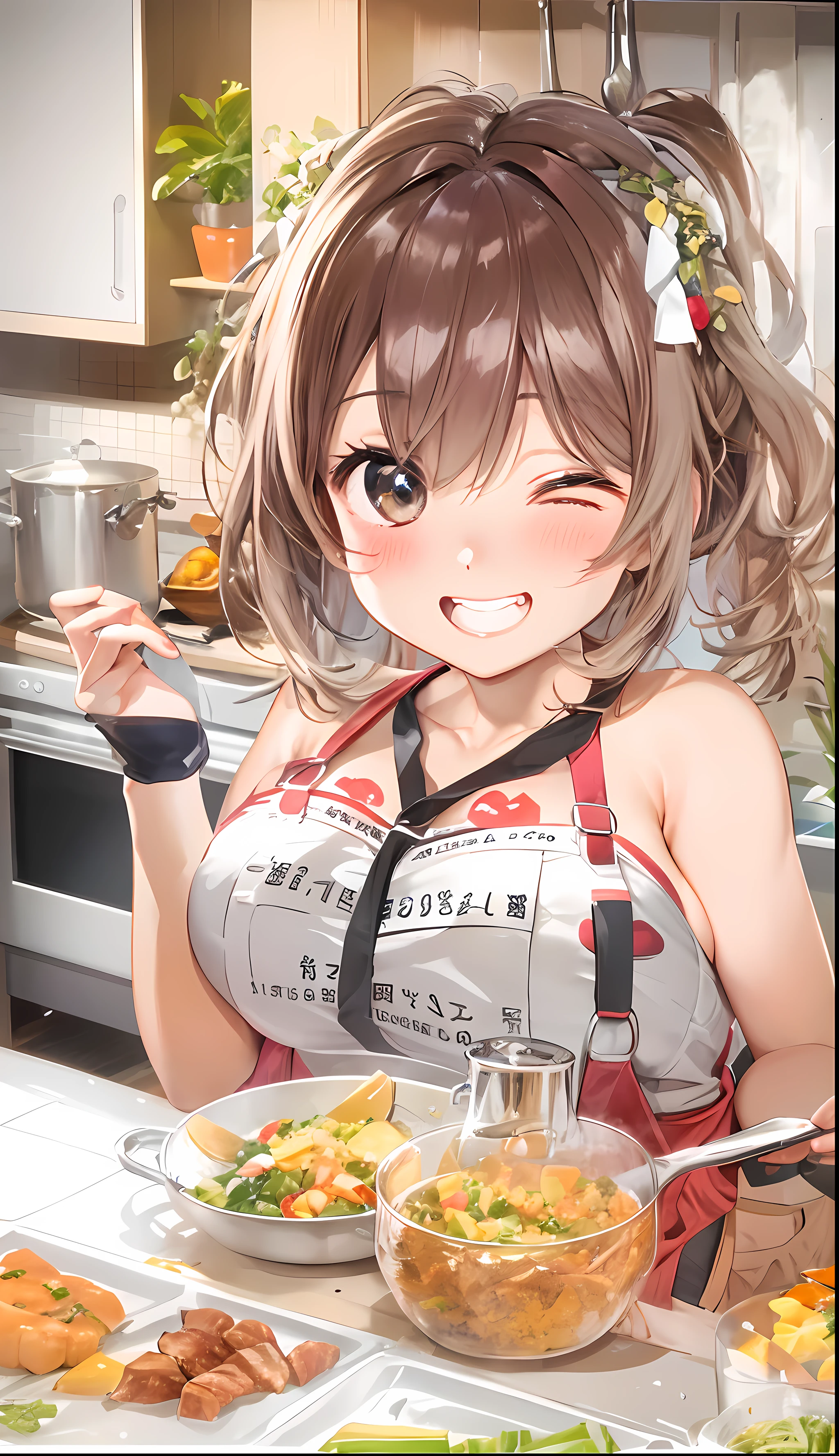 .(nude, naked, 1girl, solo, ,large breasts , solo) ,yunyun, crown braid, hair ornament, hair bow, brown hair, red eyes,, nipple ,, (wearing nothing:1.5), empty eyes , ,, ,　, hospital, ,blue sky, cooking, sea