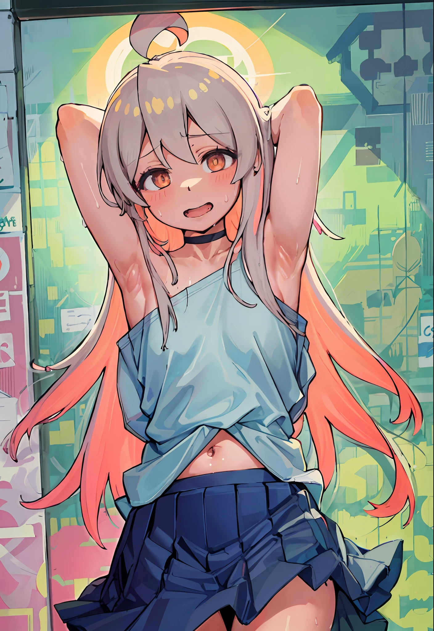 1girl, cowboy shot, straight-on, arm behind head, hand behind head, arm up, hand in pocket, standing, bangs, looking at viewer, ahoge, long hair, blush, (school uniform), blue shirt, layered skirt, blue skirt, miniskirt, red ribbon, long sleeves,pantyhose, brown uwabaki, light smile, solo, bare tree, building, city, cityscape, day, outdoors, skyscraper, street, tokyo \(city\), tree Naked, NSFW, (high resolution), (masterpiece:1.6, best quality), (finely detailed beautiful eyes: 1.2), ultra-detailed, (extremely detailed CG unity 8k wallpaper), (masterpiece), (best quality), (ultra-detailed), (best illustration), (best shadow), (absurdres), (detailed hand), solo, looking at viewer, smile, presenting armpit, armpit, arm up, lumen reflections, natural lighting, evocative, triadic color scheme, cowboy shot, elegant, voluptuous:0.6, looking at viewer, female, solo, blush, open mouth, smile, teeth, bare shoulders, arms behind head, navel, solo, barefoot, looking at viewer, thighs, parted lips, arms up, topless, 1girl, armpits, (small breasts), ((naked)) (), Exposed side breasts, raised arms showing sweaty armpits, shy, (intricate details), colorful, full-body portrait, capture excellent full-body shots, (white bed sheet:1.2), dakimakura, lying on bed, detailed feet, on back, (crotch), (groin), (finely detailed eyes and detailed face:1.3), (skindentation), lustrous skin, wide hips, anime nose, toddler face, (tsurime:1.3, eyeliner, sharp eyelashes:1.2, solid eyelid), messy hair, unkempt, (wet body), (dripping sweat), choker, bare shoulders, see-through, emotionless face, naughty face, heart-shaped pupils,