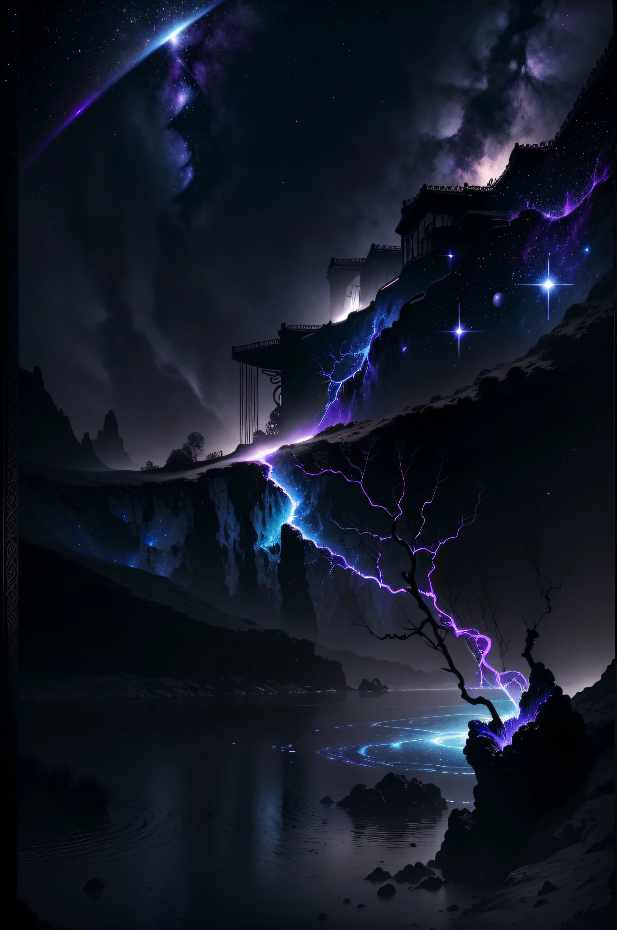 "Create an image of a world plunged into darkness, where the cosmos reveals itself in its magnitude and mystery. Visualize a horizon filled with silhouettes of twisted, shadowy trees, its branches extending like skeletal fingers skyward. No firmamento acima, Let galaxies and nebulae unfold in deep, cosmic colors, forming intricate patterns that contrast with the surrounding darkness.
Integrate an imposing night sky, where stars shine brightly in the midst of darkness, Shedding Light on the Dark World. Deixe que planetas misteriosos e luas obscuras orbitem em torno do centro da cena, adding a sense of cosmic motion.
Crie um sentimento de dualidade, where darkness and the cosmos coexist in a majestic and enigmatic way. Use tons profundos de azul, purple and black to portray darkness, while vibrant, luminescent colors represent the wonders of outer space. Let the image evoke a sense of dark wonder and cosmic fascination, transporting the observer to a world where the unknown becomes visible in the darkness."
