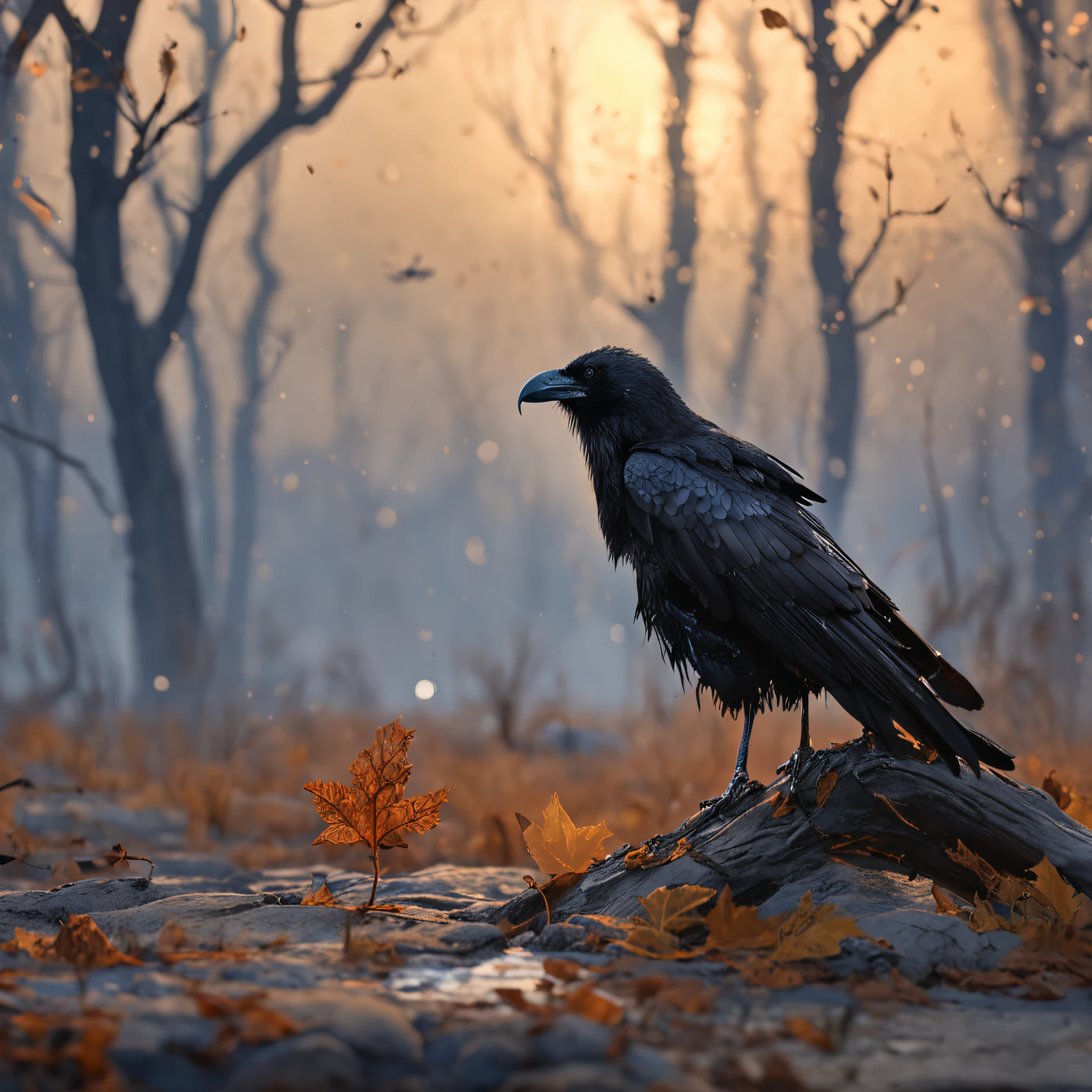 Two crows on a dead tree, A shadow shaped like a walker, Starry night, Thick fog on the ground, Blue light on the horizon, Unreal Engine 5, Cinematic, low angle photography, Motion blur, Depth of field, Dust, Cobblestones and dirt. Splash Art, dripping paint. Perfect color grading. Influenced by Karel Appel and Jeremy Mann, Full of dramatic and threatening scenes, Hyper-detailed, Beautiful, insanely details, Intricate details, editorial photography, shot with a 50mm lens, Depth of field, Tilt Blur, Shutter speed 1/1000, f/22. Lightmaps, Super bright