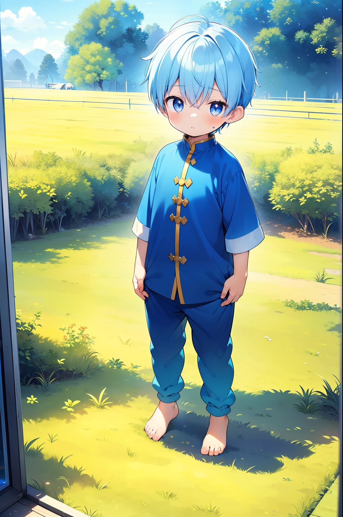 4k, (Masterpiece:1),  boy with blue colored hair and shiny, glowing cyan eyes and barefoot, standing on field, epic, cinematic, young, boy, child,l, toddtiny fe, focus on feet, feet, blushing, (Young:1.4), (Child:1.4), (Shota:1.4), (male:1.4), (boy:1.4), (divine clothes:1.4), (epic:1.4), (posing:1.4), (cinematic:1.4),