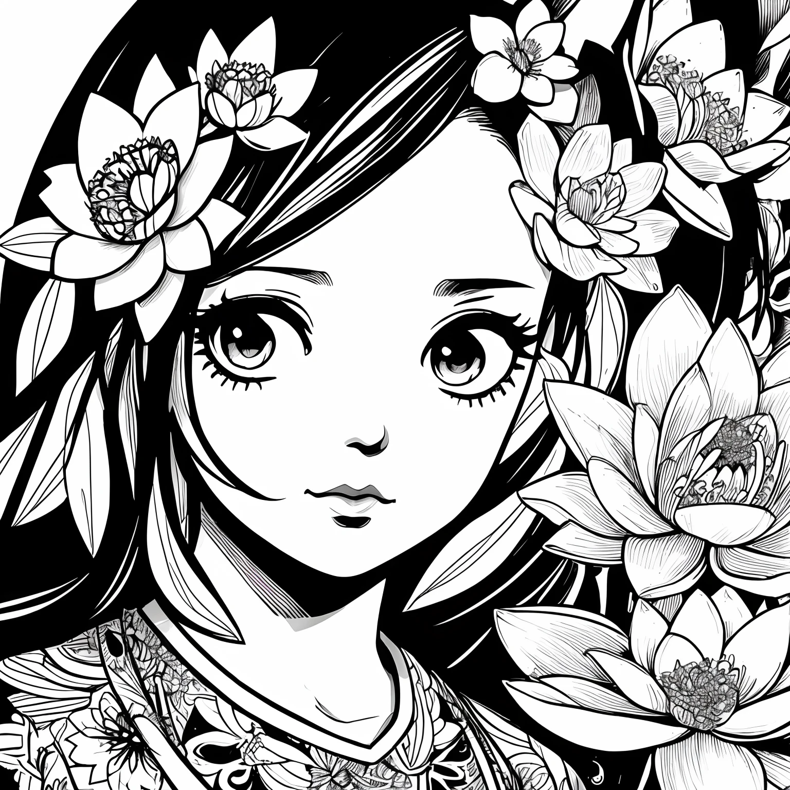 Black and white stick figure girl with lotus flower in background, loli in dress with flowers, its fine ink line art, comic style, portrait of magical marilyn munroe beautiful line art, black and white comic style, manga style, manga art style, pencil and ink caricature drawing, black and white coloring