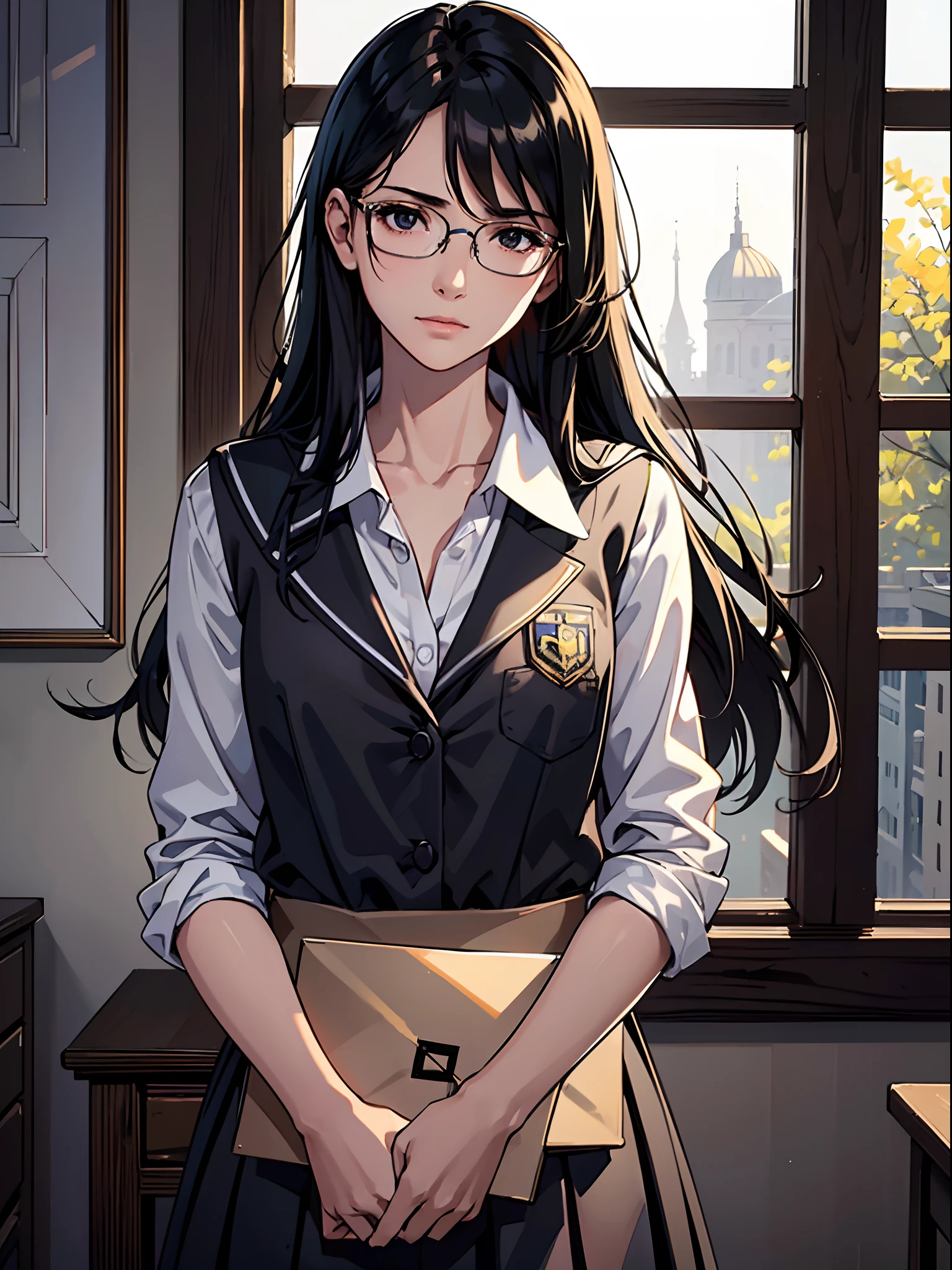 (best quality:1.4),masterpiece,ultra-detailed,delicate features,delicate skin,realism,beautiful lighting,cowboy shot,1girl,flat chest,black hair,messy hair,black eyes,blank eyes,tareme,long hair,gleaming skin,glasses,school uniform