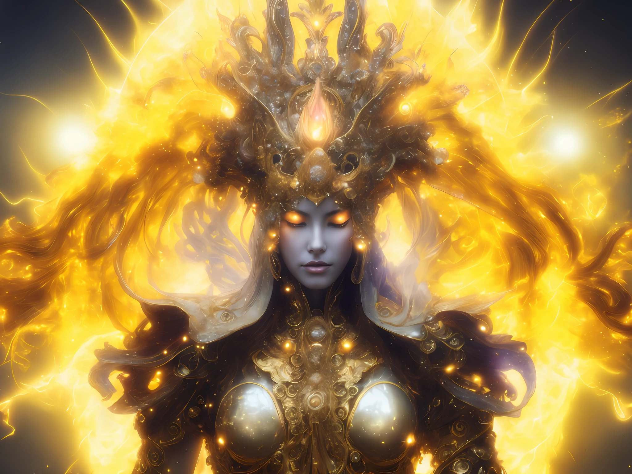 a close up of a woman with a golden headpiece and a golden crown, goddess. extremely high detail, karol bak uhd, tomasz alen kopera and cgsociety, 4k fantasy art, extremely detailed goddess shot, a beautiful fantasy empress, 4 k detail fantasy, appears as the fire goddess, unreal engine render + a goddess, stunning cgsociety