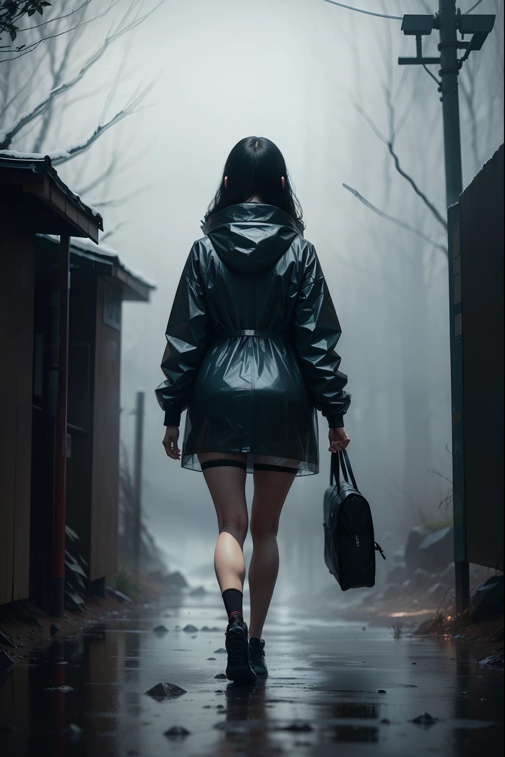 Strong woman walking in the wilderness,Underwear rain,The woman wore a raincoat, although the advance was difficult,But the woman walked forward bravely。Bravely face the difficulties ahead。The picture is dark,Embodies boldness。