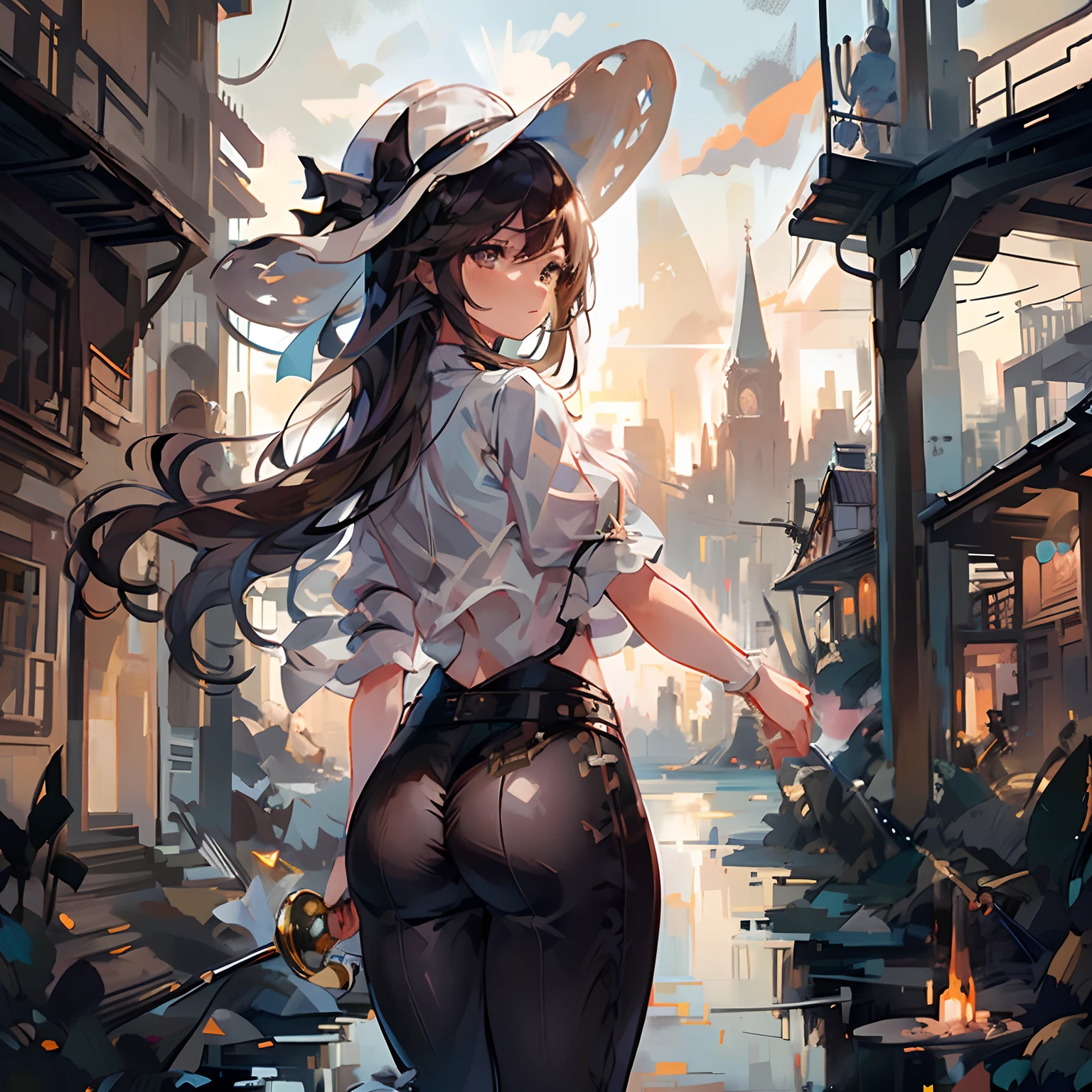 fantasy, 1angel_girlish, adolescente, brown_cabello, Cola de caballo_cabello, (oscuro_piel)+, solamente_hombro, ombligo, muslo,plata_brillante_armadura, Blanco_desnuda_armadura, Glebe, sostener_Espadas, Grande_, enojado, dynamic_peleando_pose, flotante, (1par_Blanco_alas), amanecer_Ciudad_fondo,(pelviano_cortina)++, abrir_boca, sombrero, big size ass_ASS, Public_indecencia,