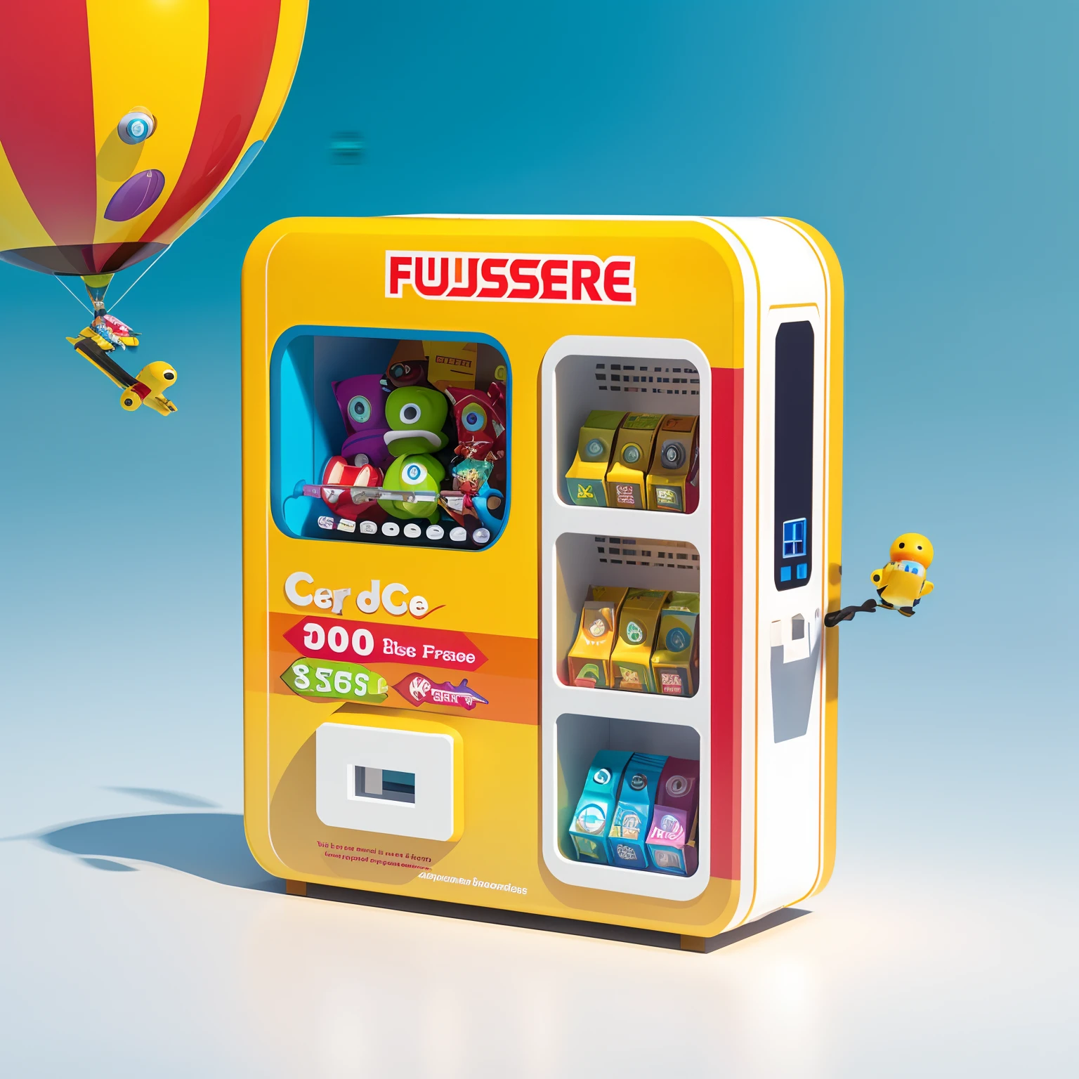 Close-up of toy with display,The fuselage has elements of a toy,vending machines,sci-fi vending machine,3D product render,There can be some specific description scenes on the machine,por exemplo, Someone goes to the vending machine to buy toys or blind boxes,Or describe buying a toy,Some combinations of foil scene elements, Product rendering,Stylistic references attract attention,Bright,A representative element of sunshine fashion,There are reasonable ones on the fuselage, For example, Someone goes,Buy toys, etc,The overall color is mainly yellow and white,Color distribution is 50 each%,Wish there were more elements,A little diversified,Fewer colors,The cargo hold is noticeably clearer