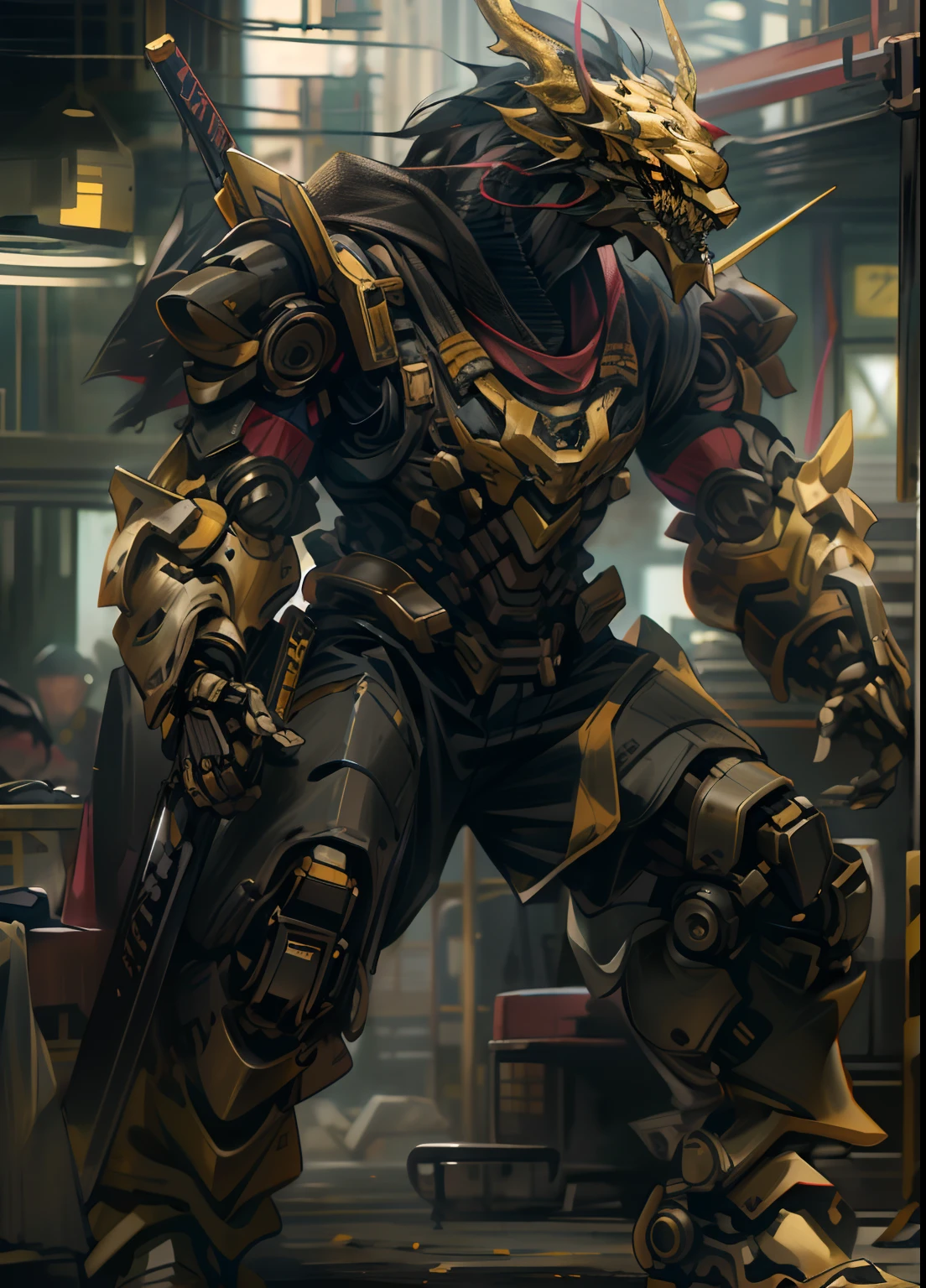 Weapon in hand,Alone,Mechanical armor,mechs,Guards,buildings,scifi style,城市,Realistic style,dark vibe atmosphere,Combat posture,leather pant,golden outfit,chinesedragon