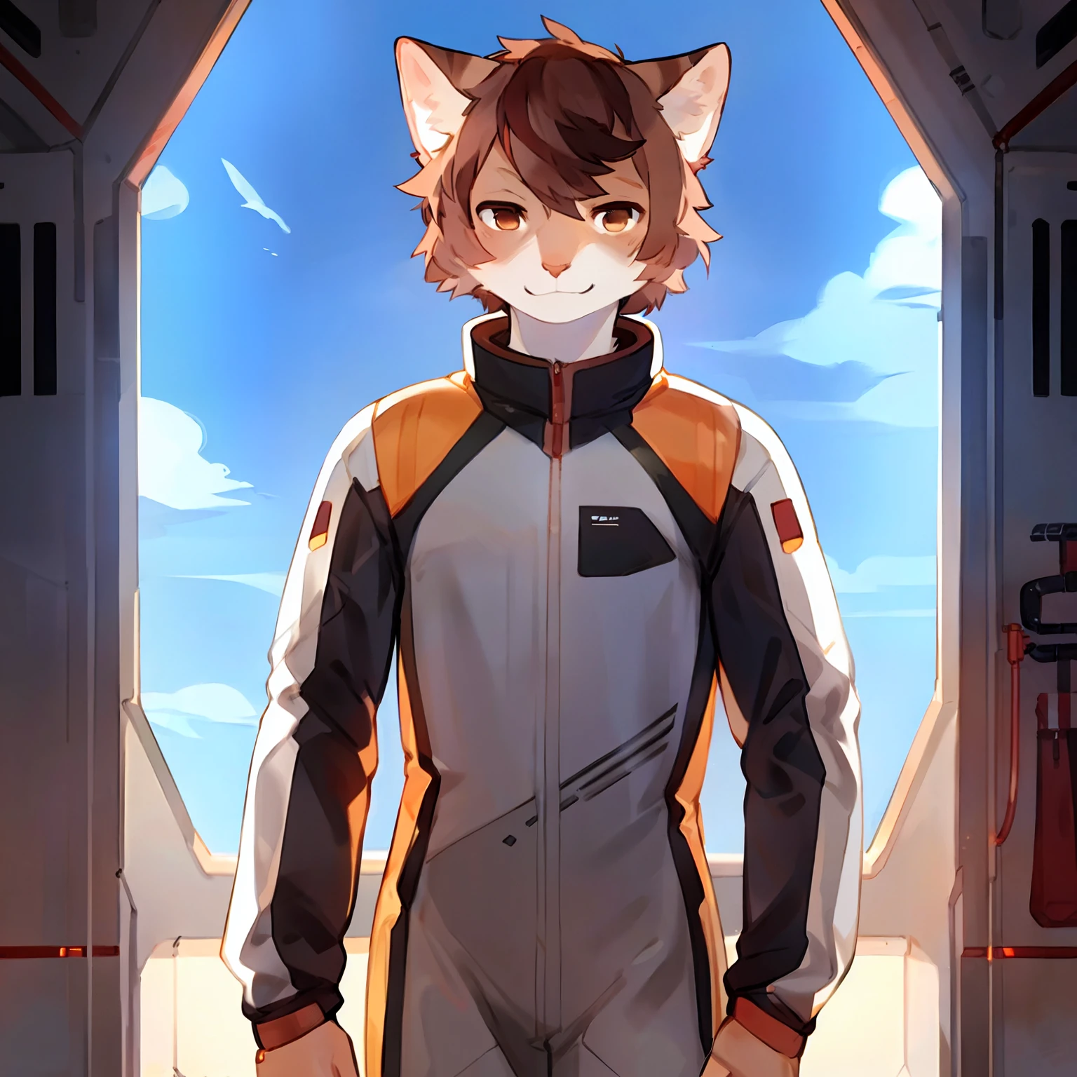Solo, standing, male, by bebebebebe, by spuydjeks, spacesuit, hair, ((snout, hair)), feline, grey fur, brown eyes, short brown hair with copper highlights, detailed eyes, facing viewer, smirking,